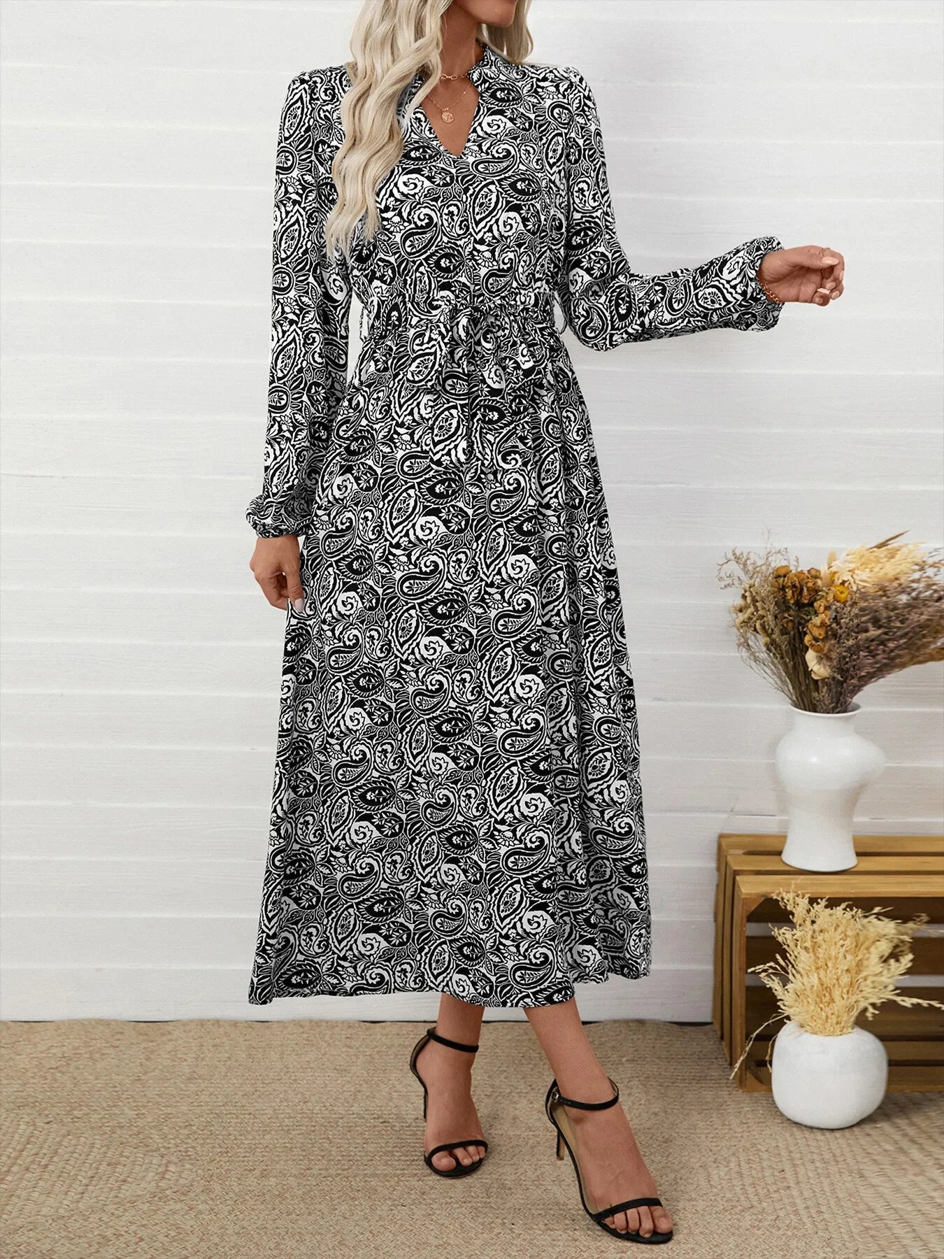 Paisley Print Long Sleeve Midi Dress With Tie Waist Boho - Southern Shores Clothing