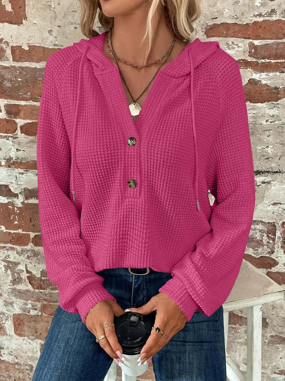Waffle Knit Long Sleeve Drawstring Hooded Top - Southern Shores Clothing