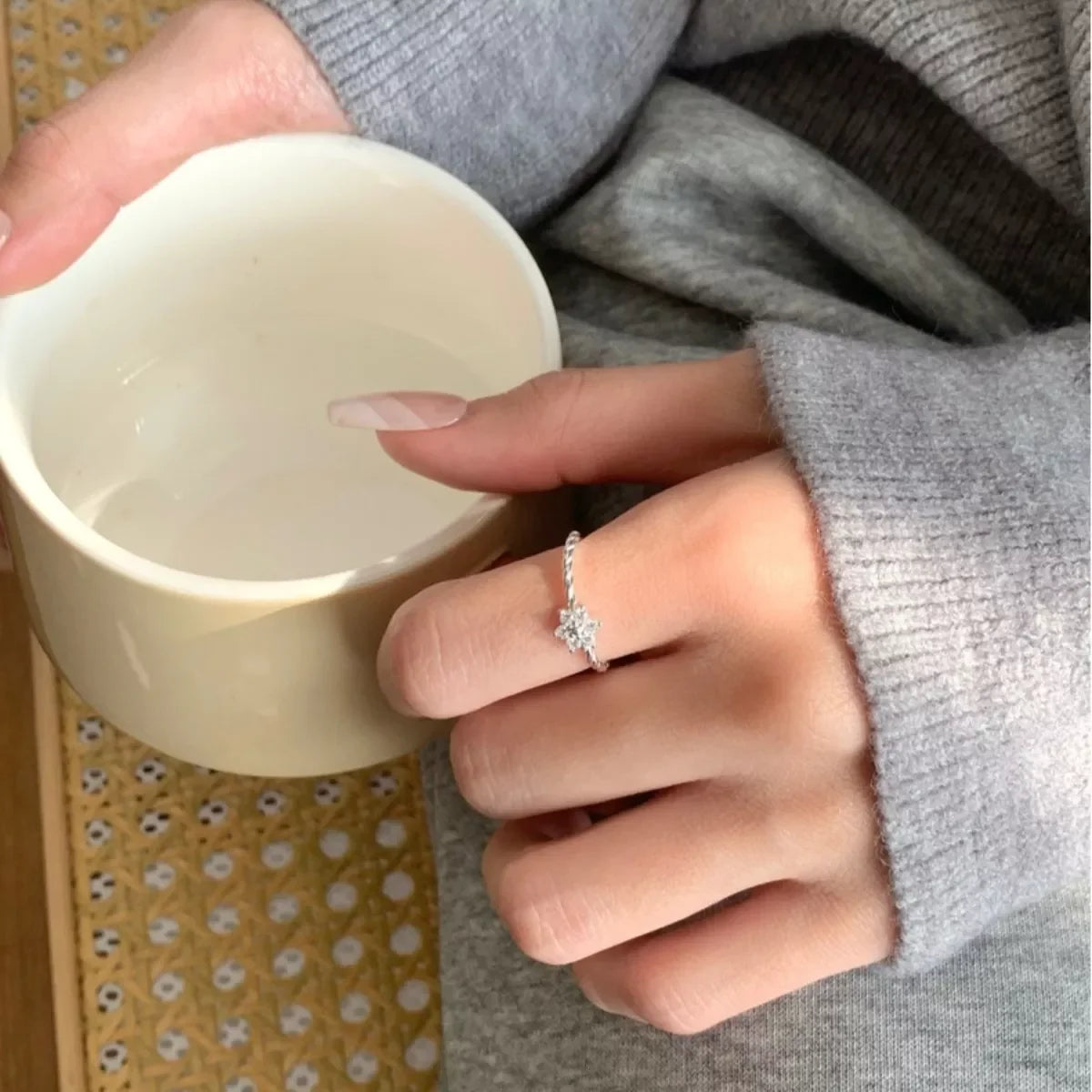 Sterling Silver Zircon Flower Ring With Open Band Design - Southern Shores Clothing