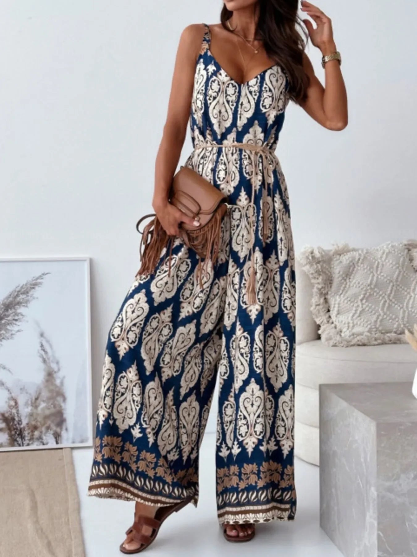 Paisley Print Spaghetti Strap Wide Leg Jumpsuit - Southern Shores Clothing