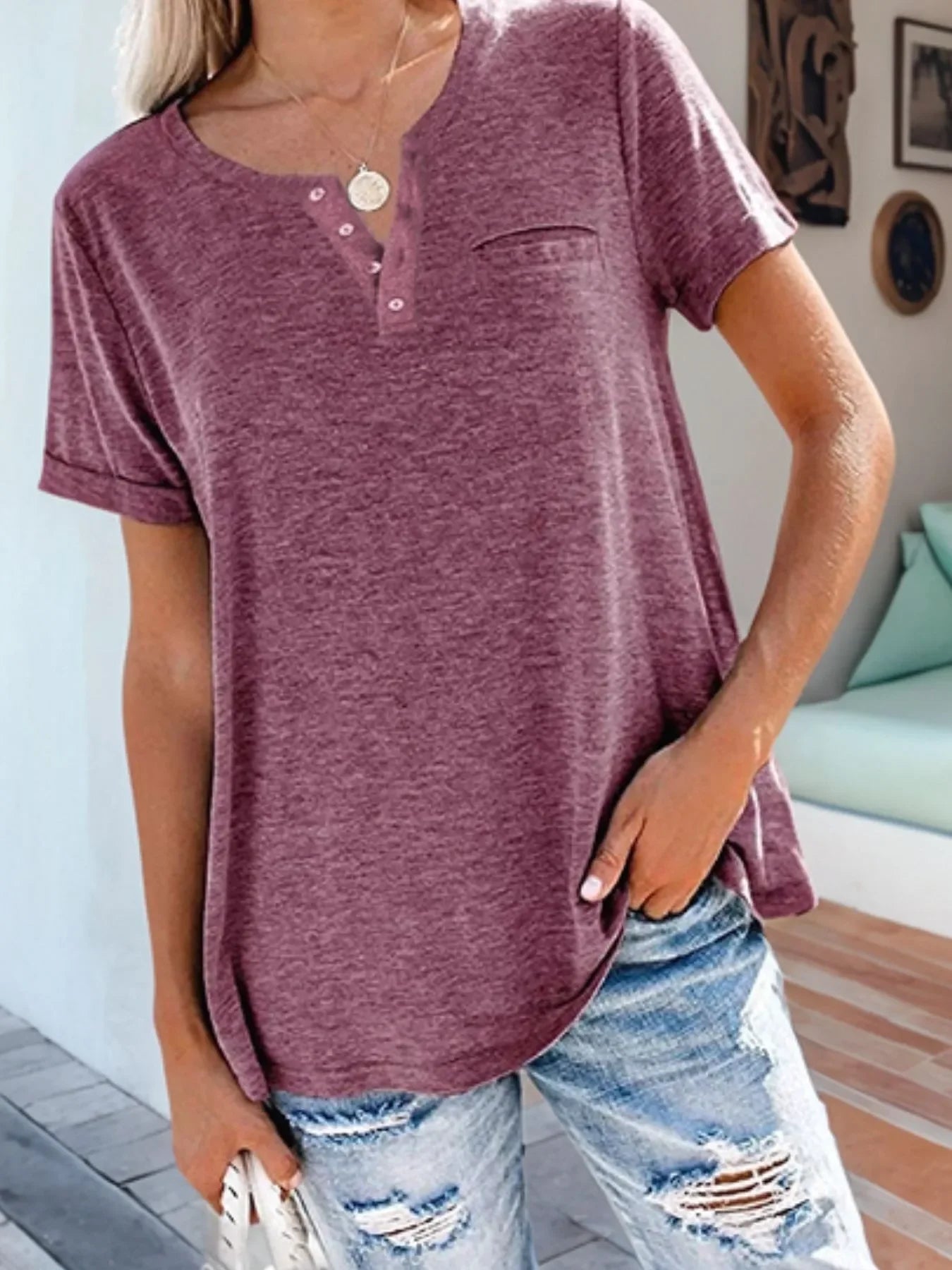 Plus Size Notched Short Sleeve T Shirt With Button Detail - Southern Shores Clothing