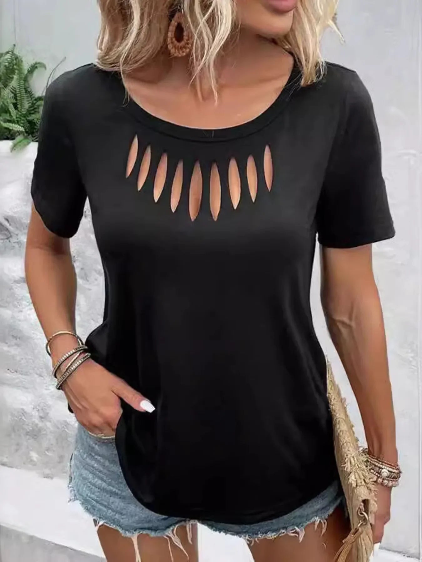 Hollow Out Neckline Short Sleeve T Shirt - Southern Shores Clothing