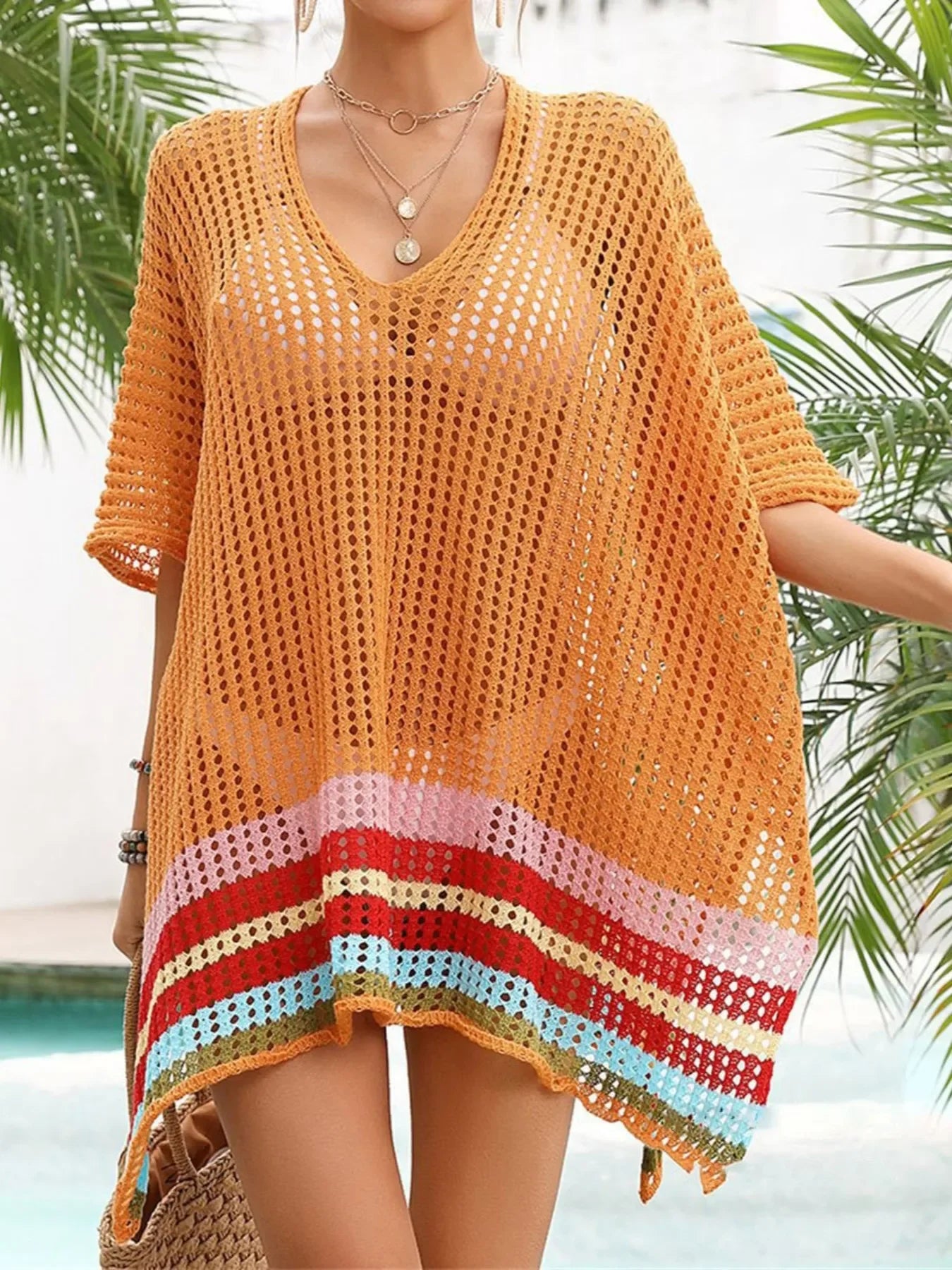 Crochet V-Neck Slit Cover-Up Dress One Size - Southern Shores Clothing