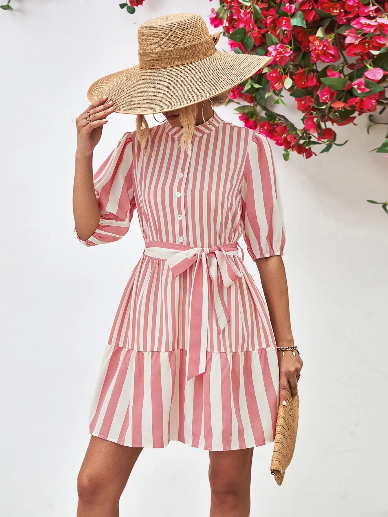 Striped Half Sleeve Tie Waist Mini Dress - Southern Shores Clothing