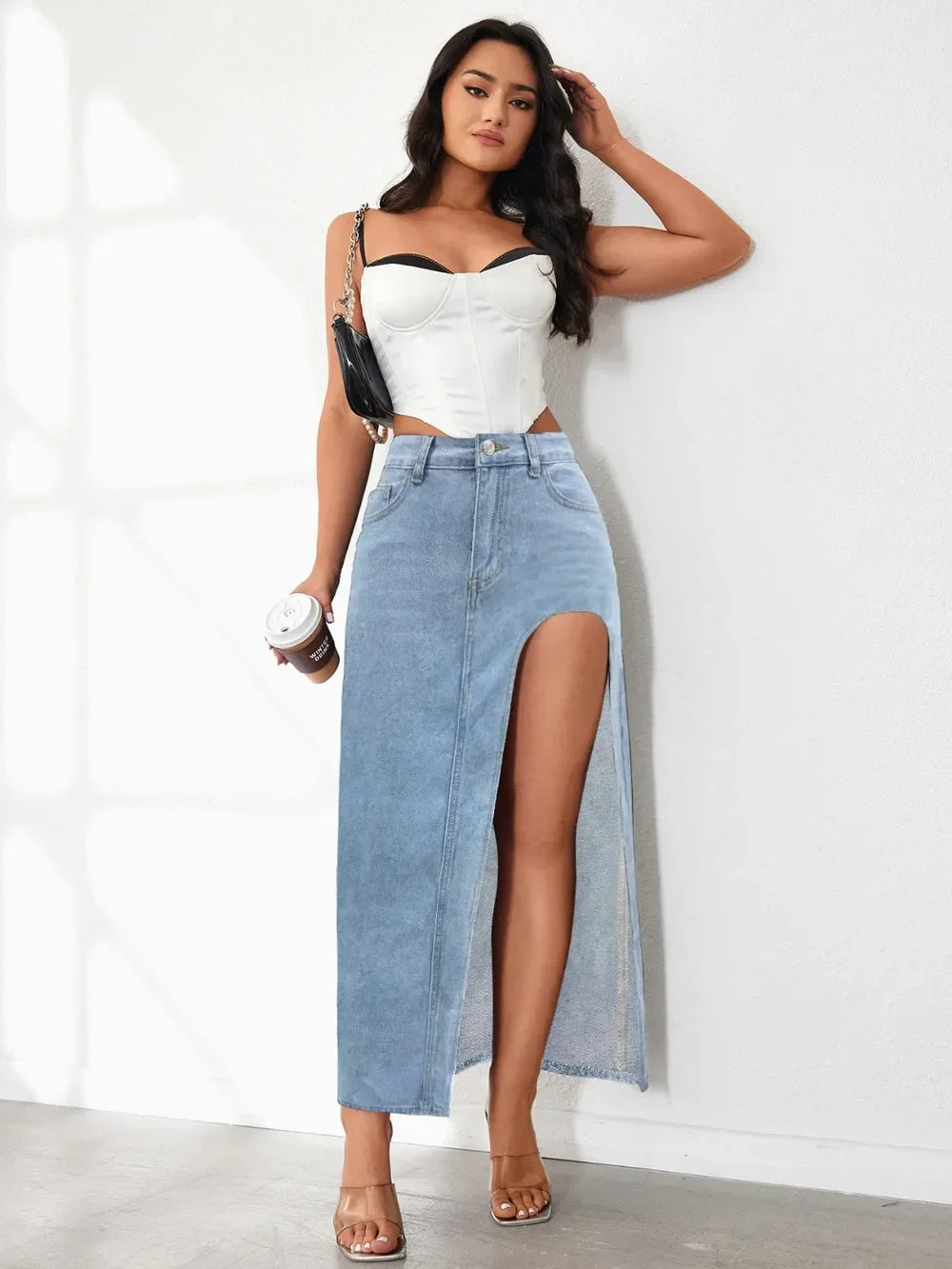 Classic High Rise Slit Denim Skirt With Flattering Fit - Southern Shores Clothing