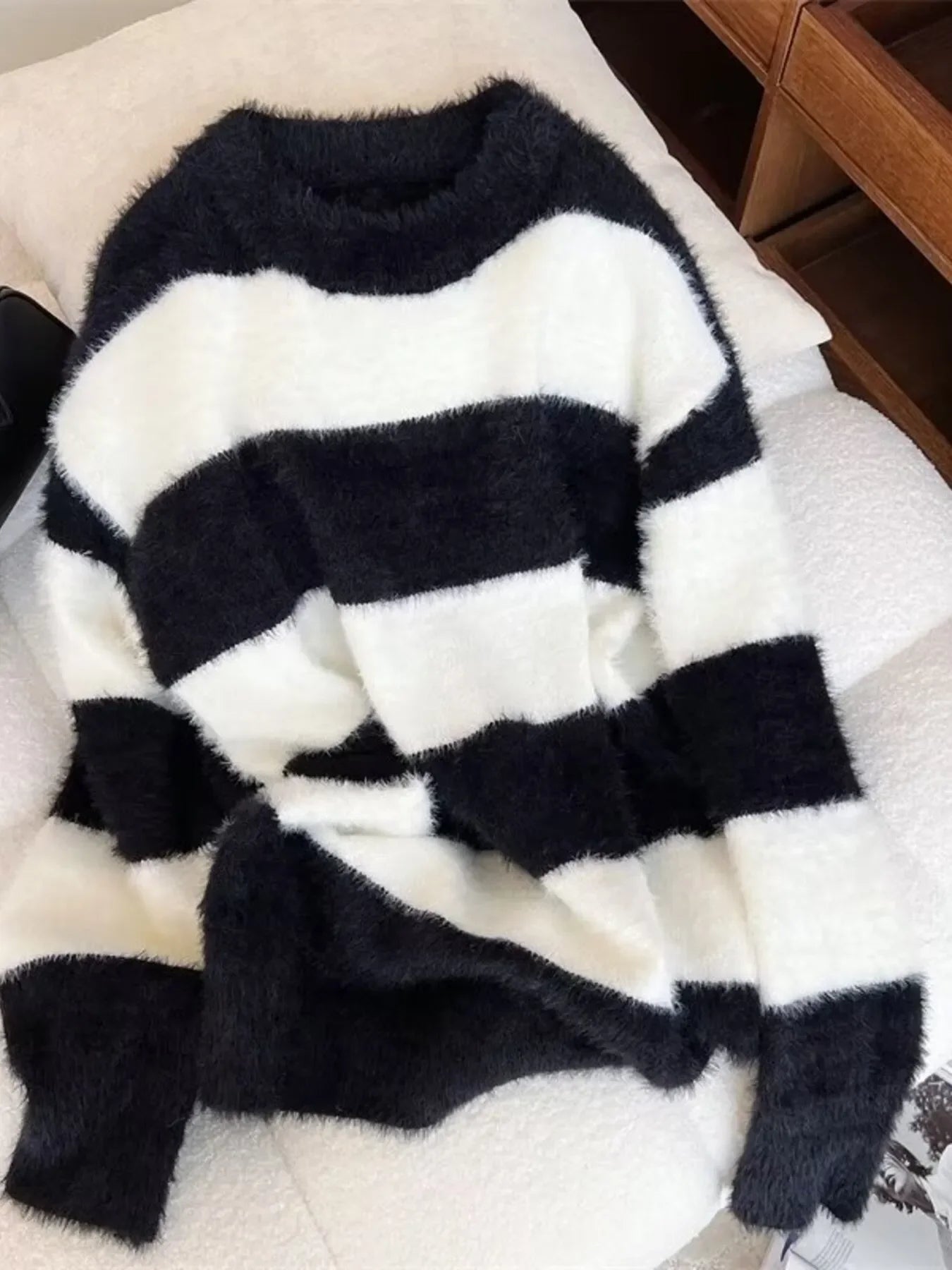 Plus Size Striped Fuzzy Knit Pullover Sweater - Southern Shores Clothing