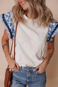 Round Neck Printed Ruffled Sheer Cap Sleeve Blouse Lightweight - Southern Shores Clothing