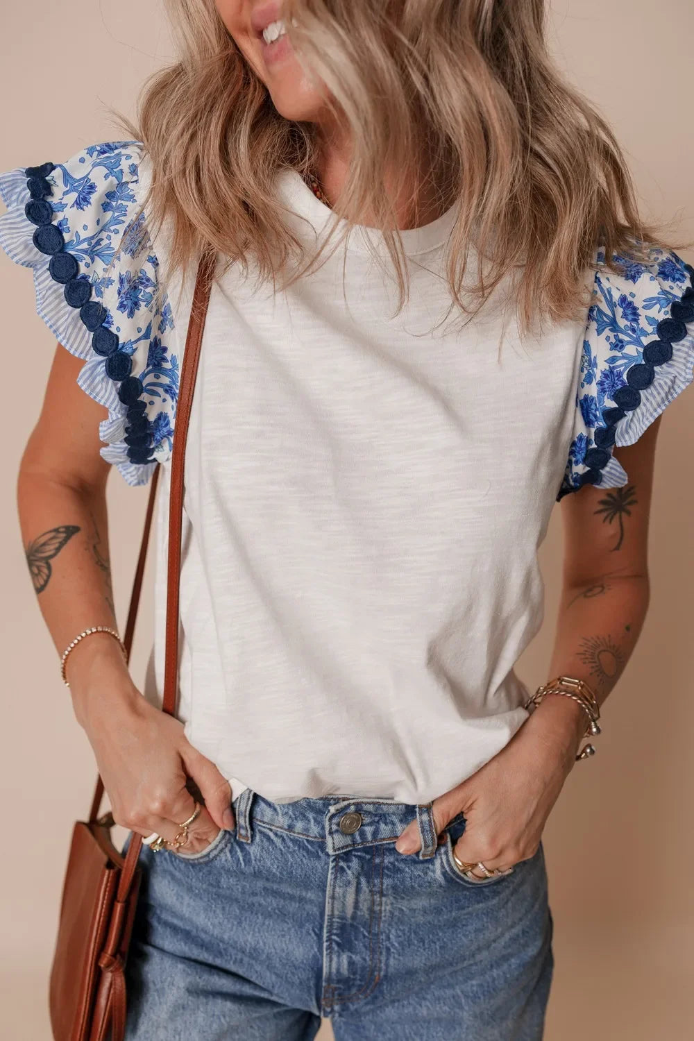 Round Neck Printed Ruffled Sheer Cap Sleeve Blouse Lightweight - Southern Shores Clothing