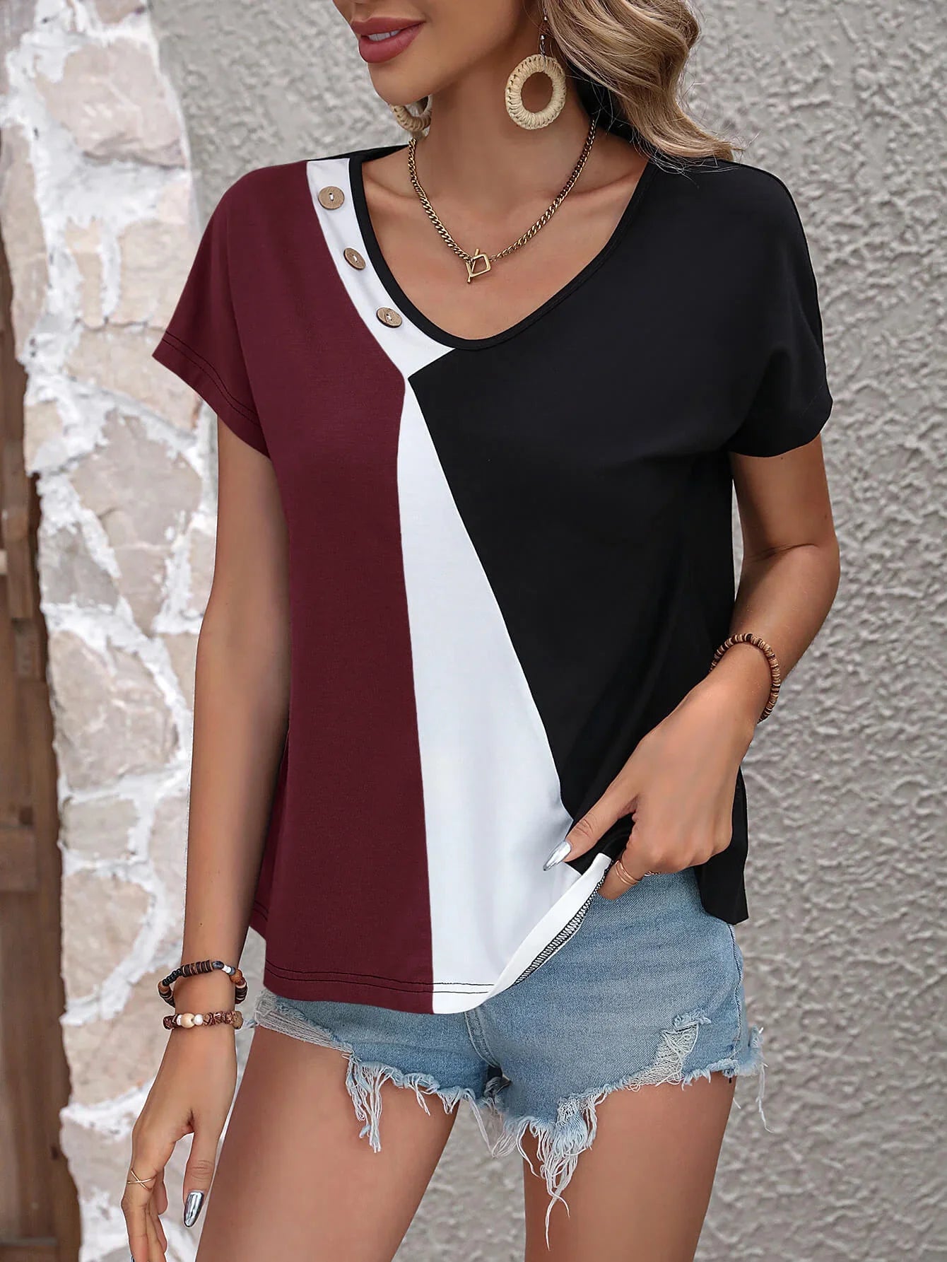 Block V Neck T Shirt With Decorative Buttons - Southern Shores Clothing