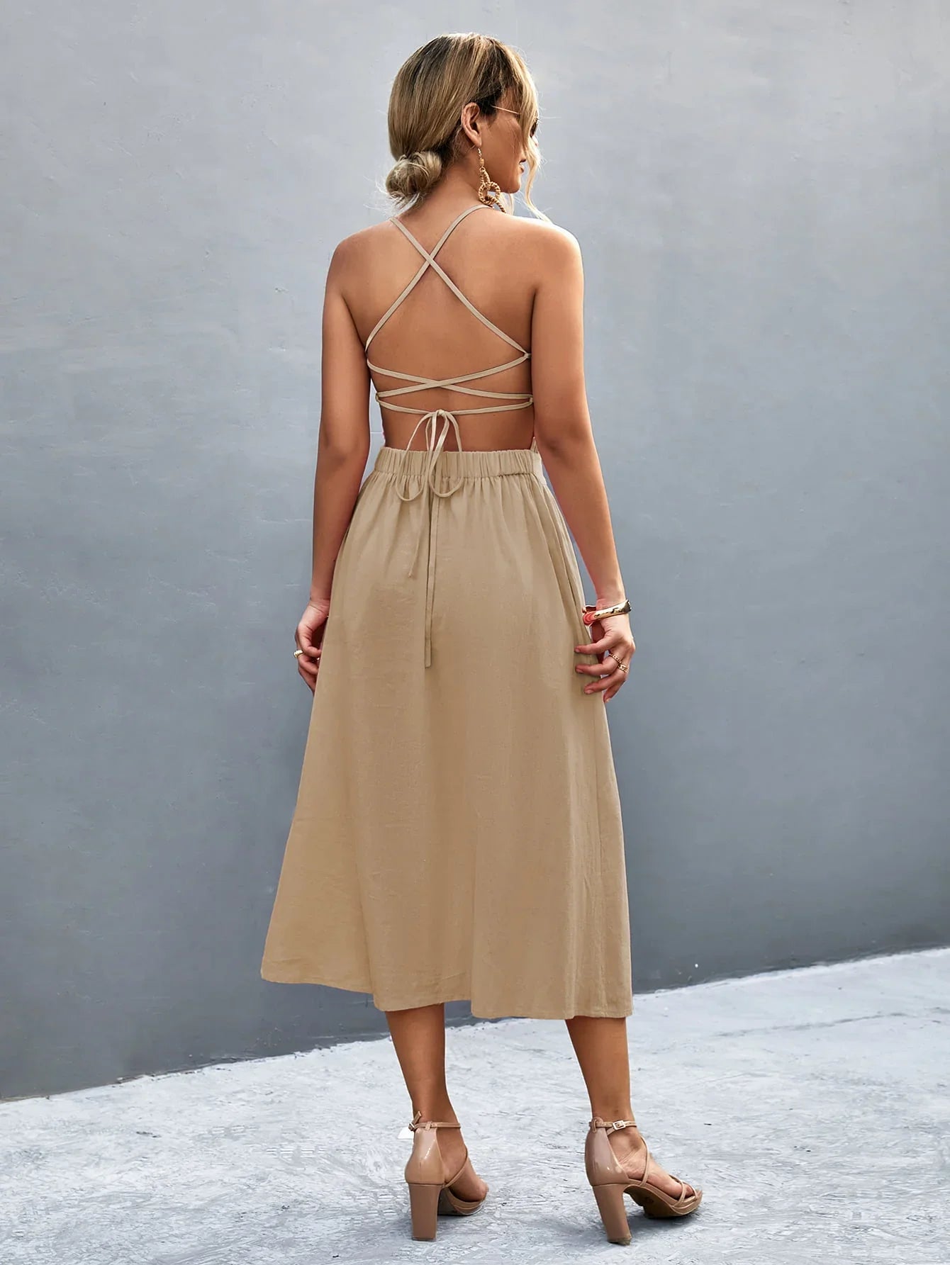 Buttoned Halter Neck Frill Trim Midi Dress - Southern Shores Clothing