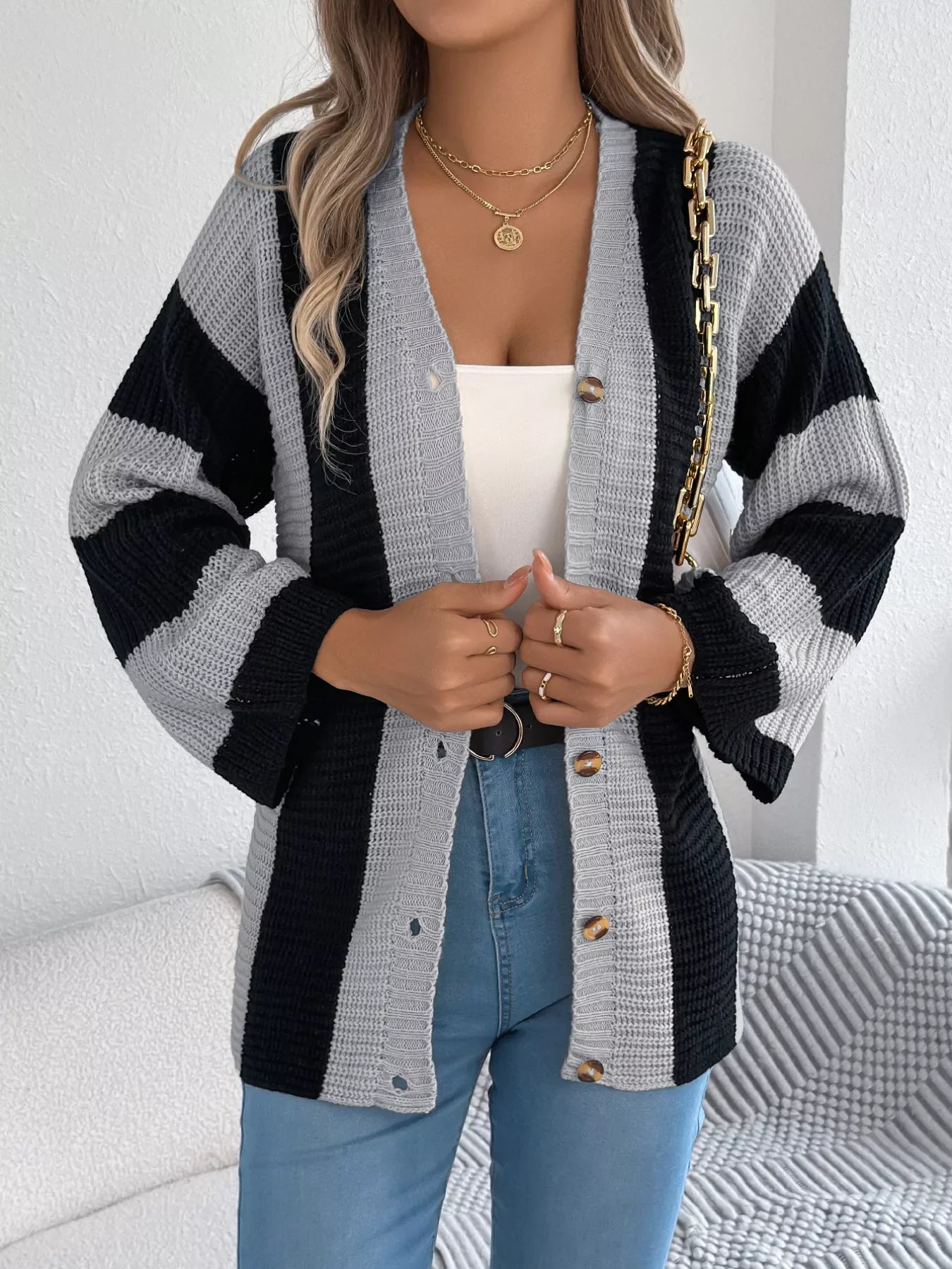 Block Pattern Button-Up Cardigan With Slight Stretch - Southern Shores Clothing