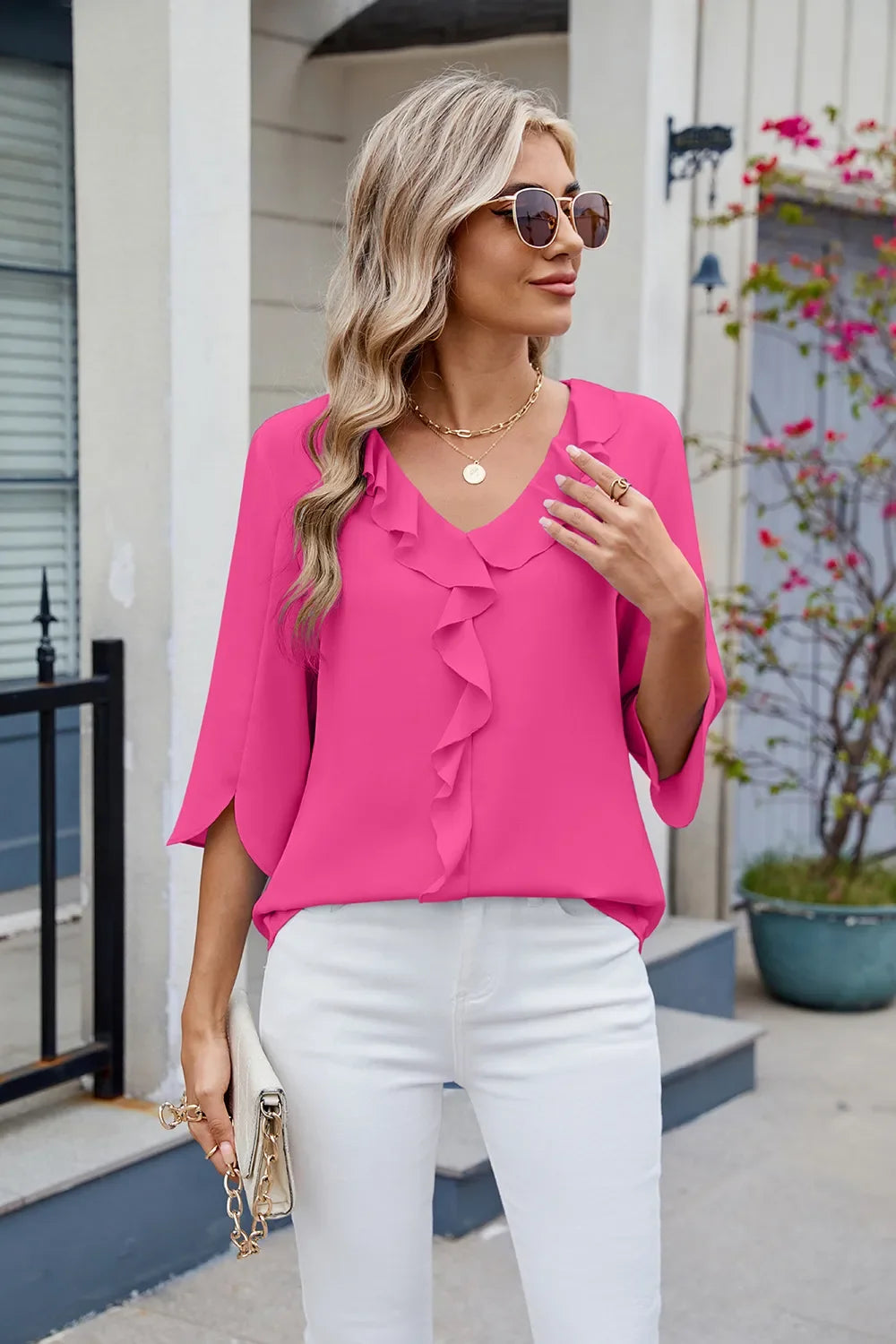 Ruffled Polyester V-Neck Blouse With Three-Quarter Sleeve - Southern Shores Clothing