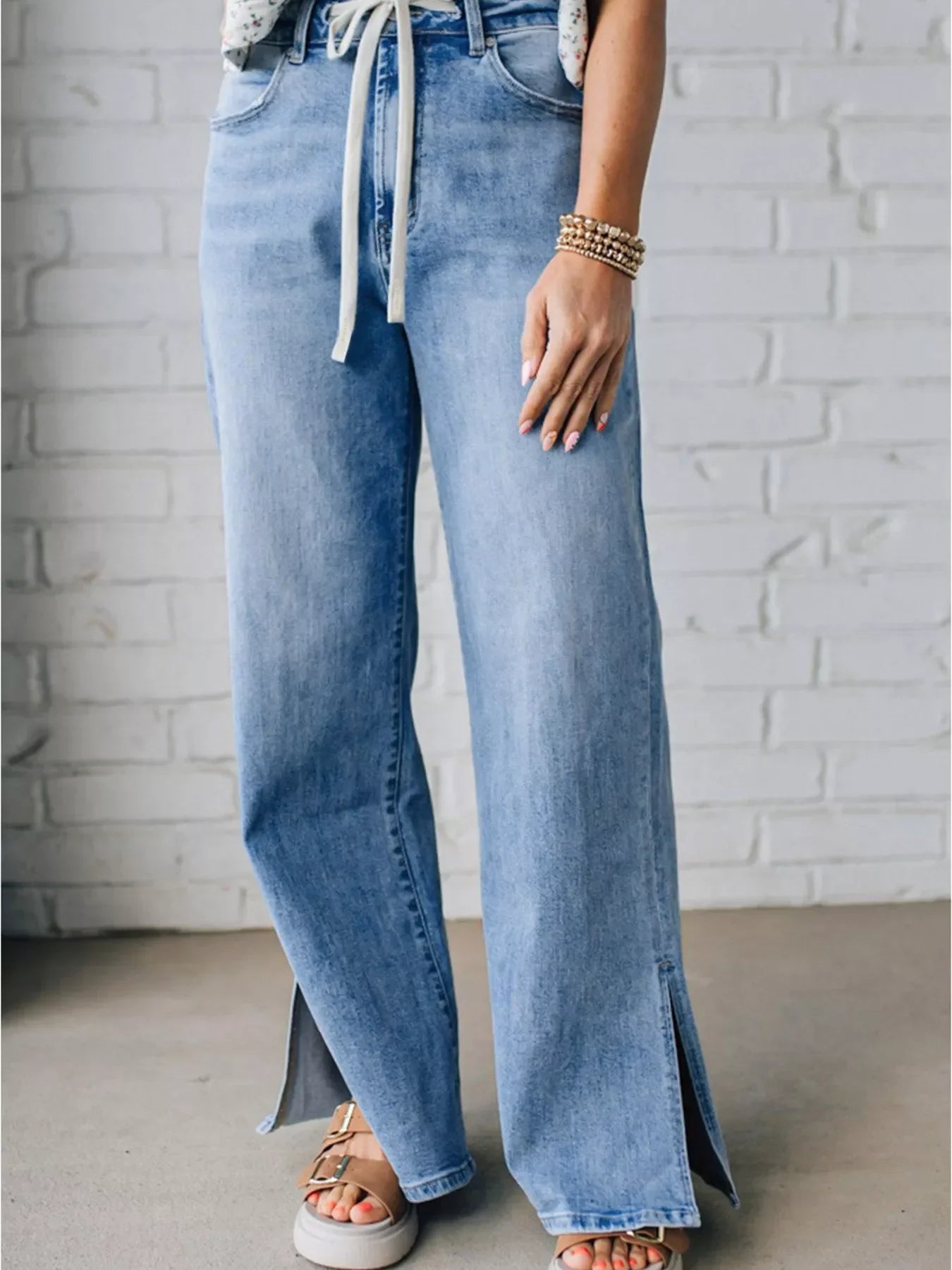 Coastal Wide Leg Slit Denim Jeans With Adjustable Drawstring - Southern Shores Clothing