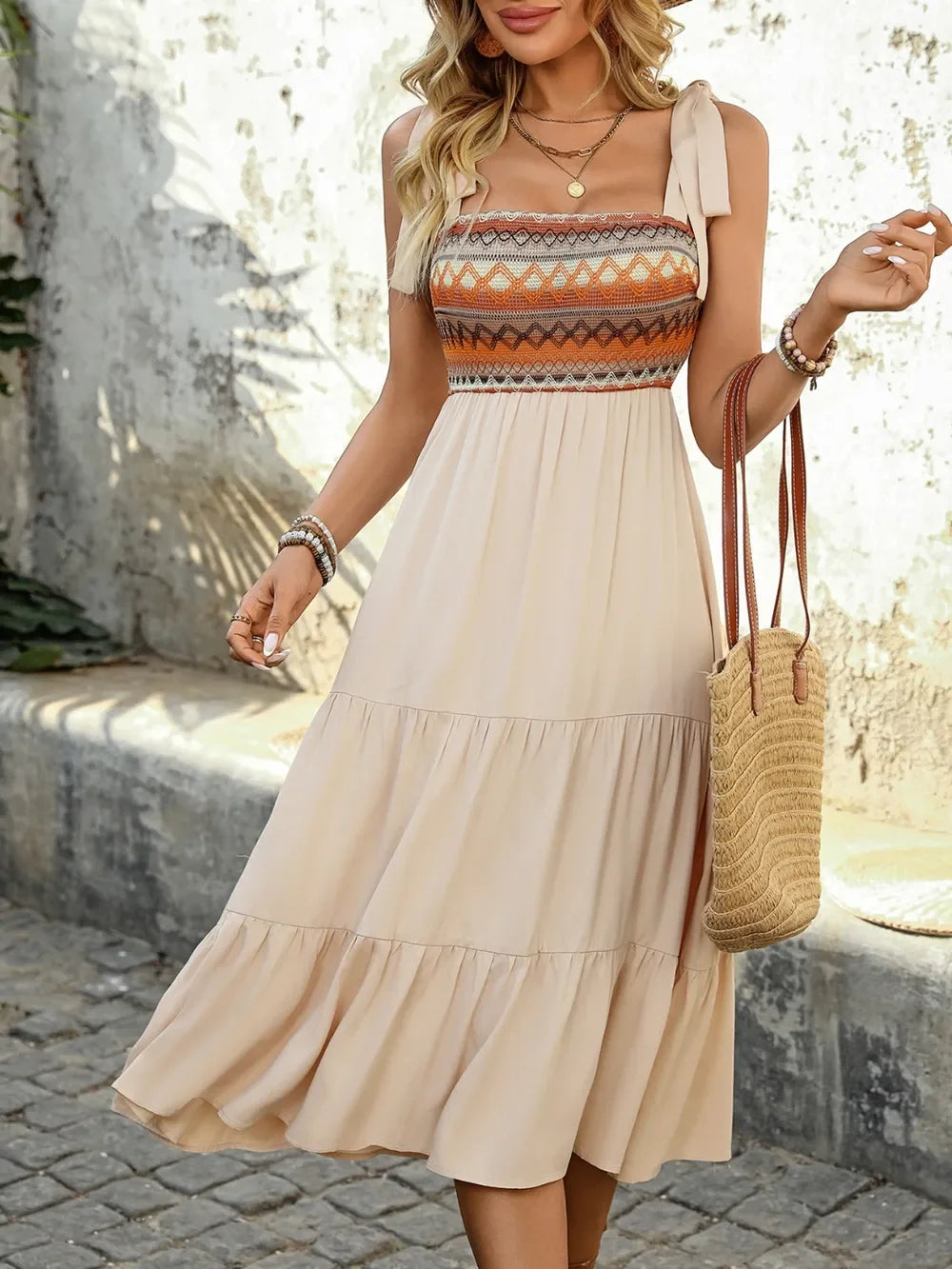 Smocked Bodice Tie Shoulder Square Neck Tiered Midi Dress - Southern Shores Clothing