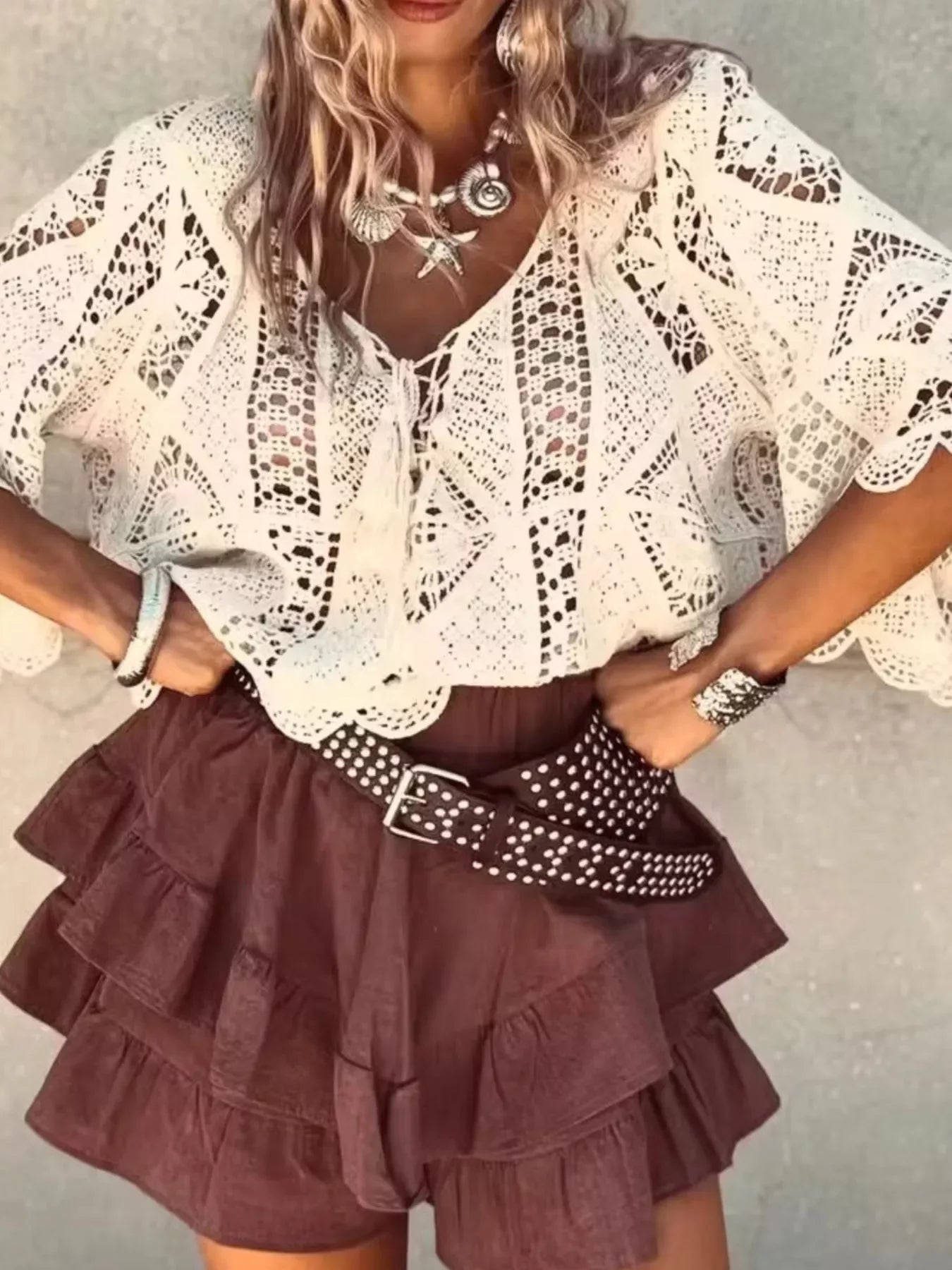 Lace Tassel V-Neck Crochet Knit Top With Openwork Boho Style - Southern Shores Clothing