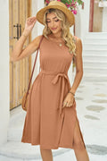 Tied Round Neck Sleeveless Dress For Coastal Wear - Southern Shores Clothing