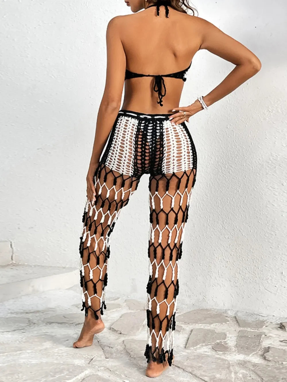 Cutout Crochet Halter Top And Netted Pants Two-Piece Swim Set - Southern Shores Clothing