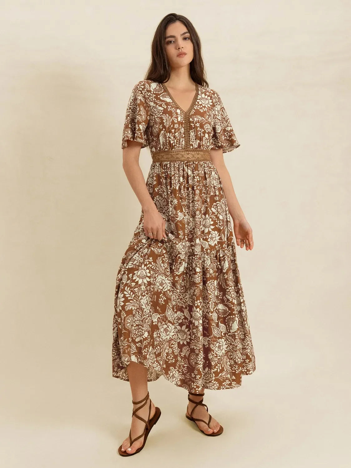 Lace Detail Floral Print Short Sleeve Midi Dress V Neck - Southern Shores Clothing