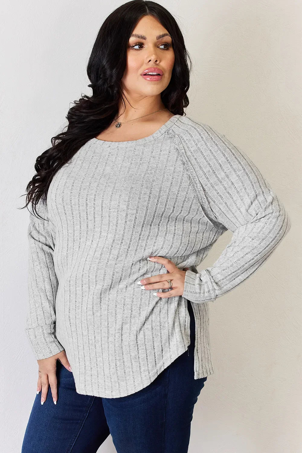 Ribbed Round Neck Slit T Shirt With Stretch - Southern Shores Clothing