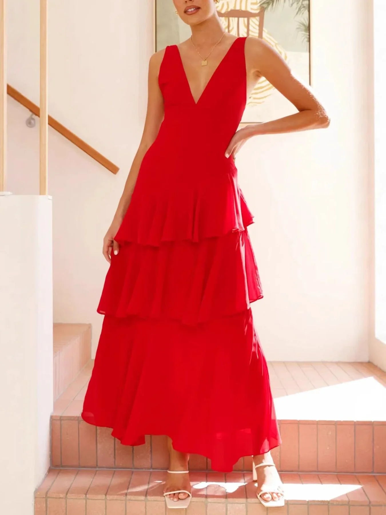 Sleeveless Ruffled Layered Backless Maxi Dress - Southern Shores Clothing