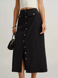 Button-Front Pocketed Midi Skirt With Breathable Fabric - Southern Shores Clothing