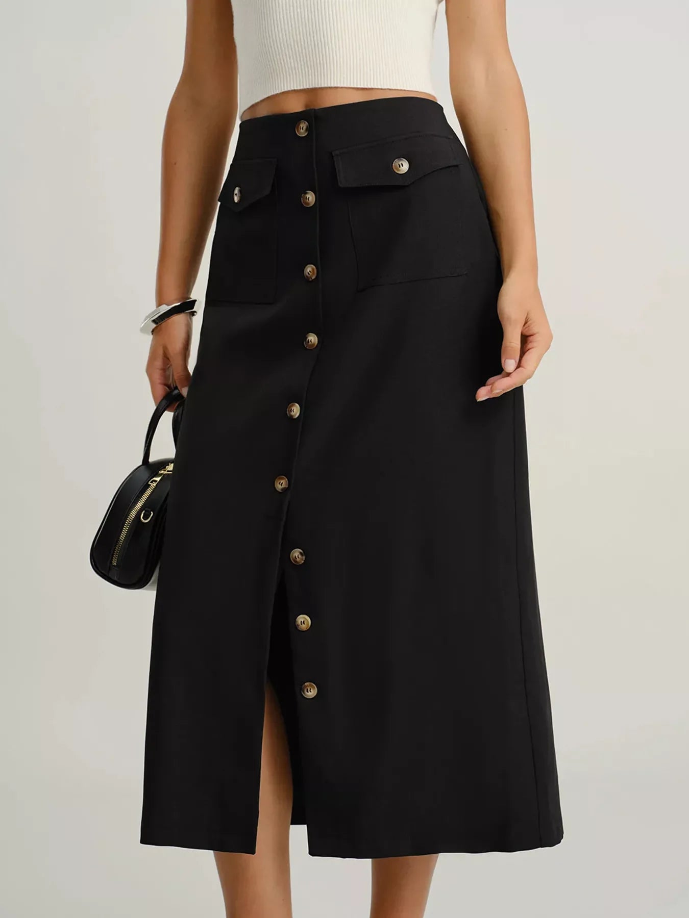 Button-Front Pocketed Midi Skirt With Breathable Fabric - Southern Shores Clothing