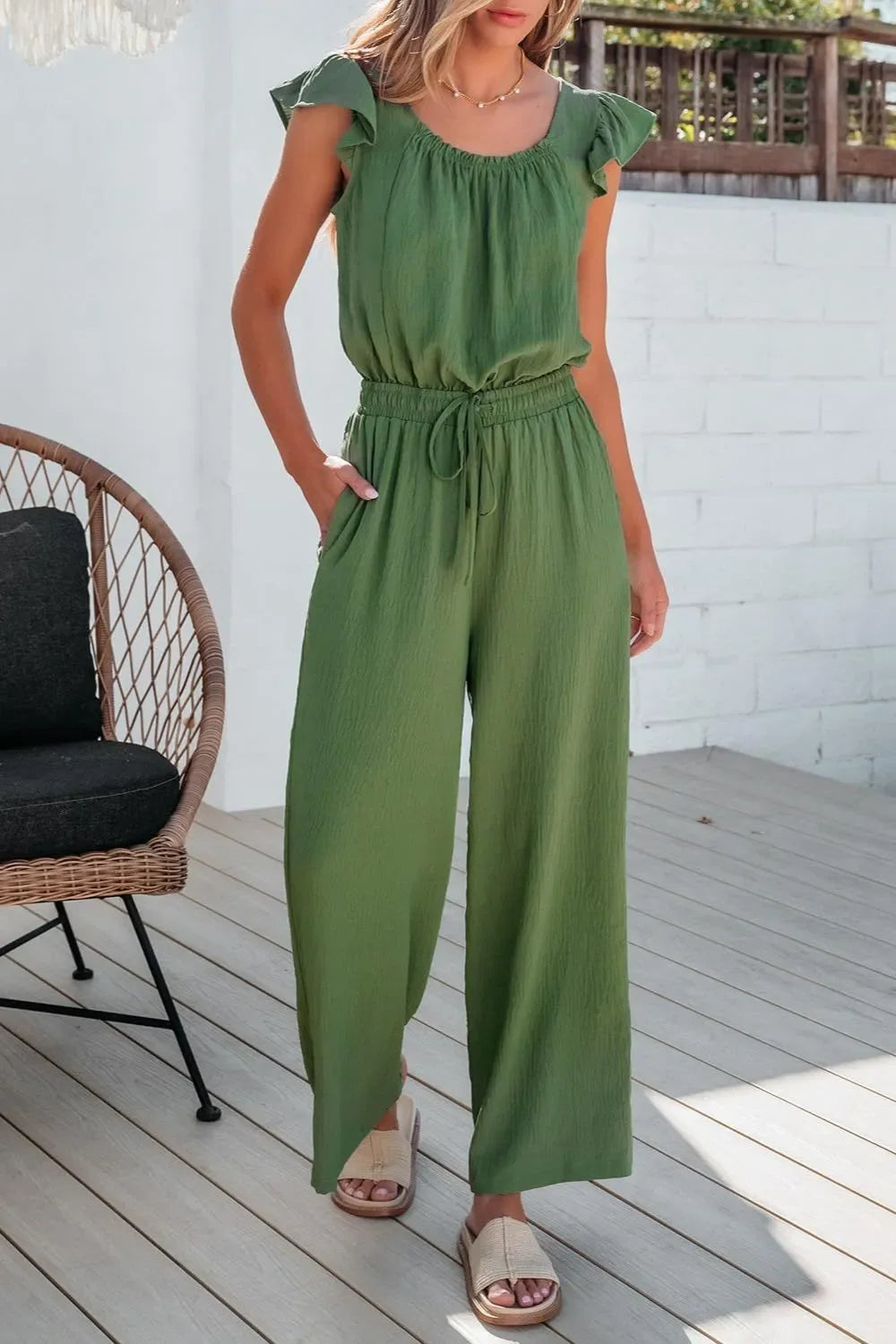 Ruffled Cap Sleeve Wide Leg Jumpsuit With Pockets - Southern Shores Clothing