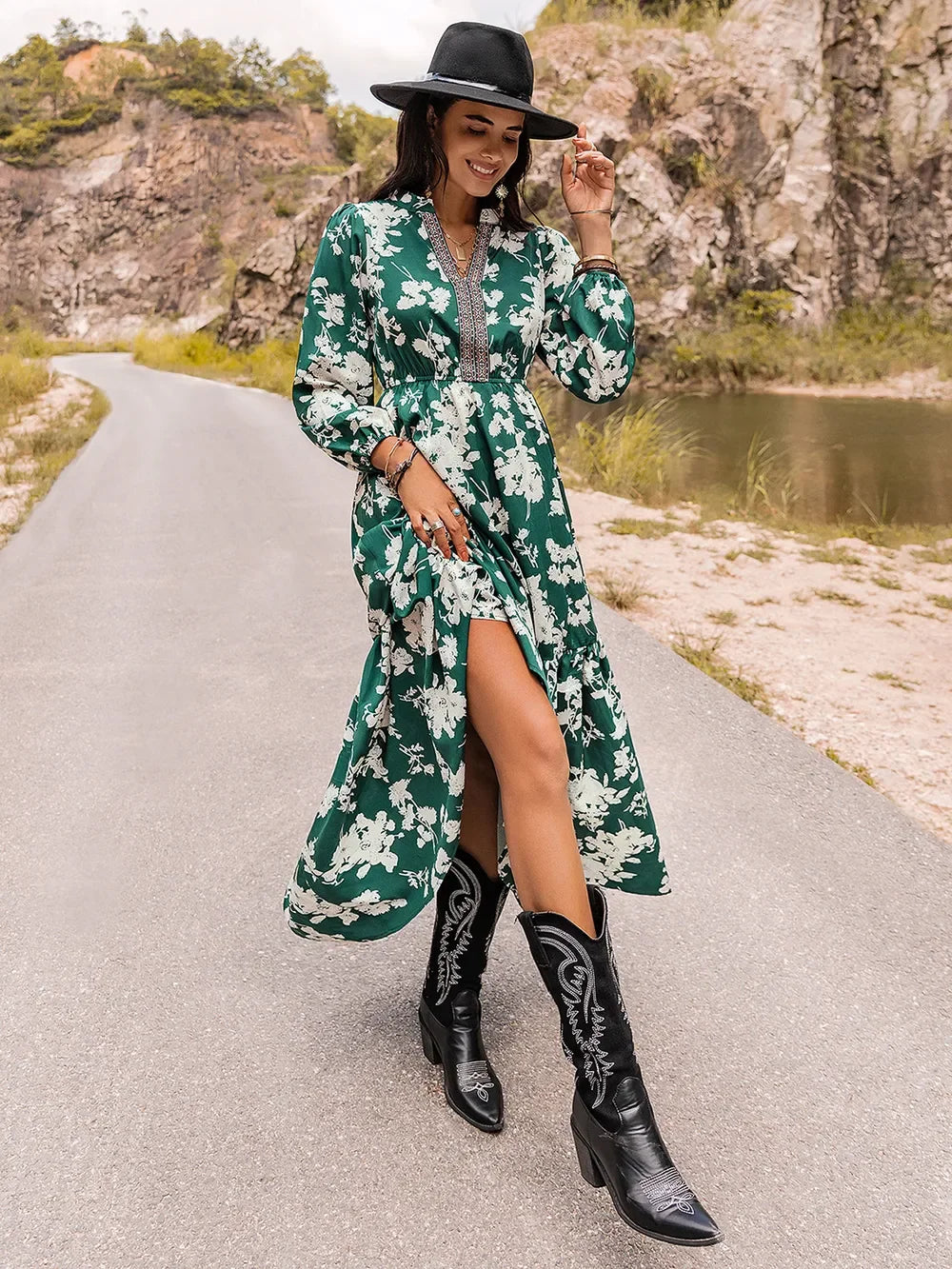 Printed Notched Neck Maxi Dress For Coastal Style - Southern Shores Clothing
