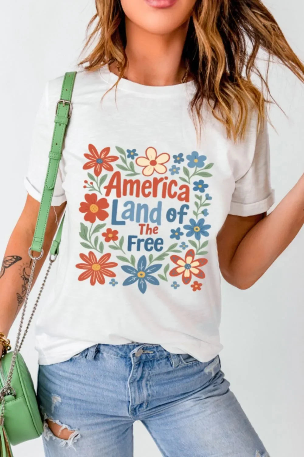 Patriotic Floral America Graphic Tee With Stretch Fabric - Southern Shores Clothing
