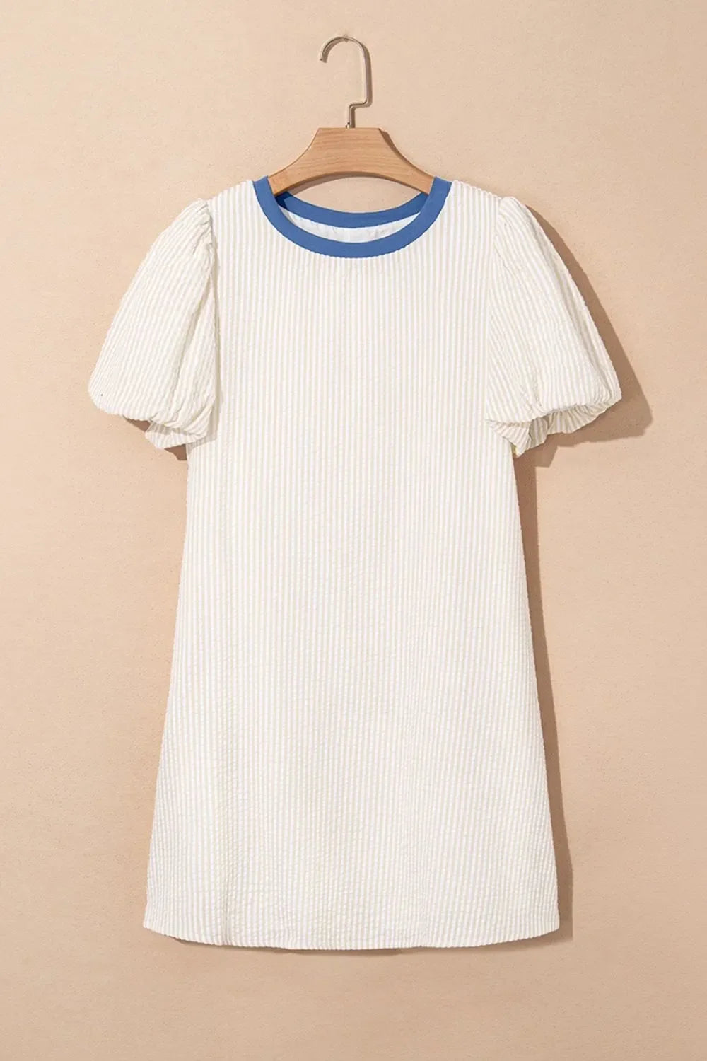 Stripe Seersucker Round Neck Puff Sleeve T Shirt Dress - Southern Shores Clothing