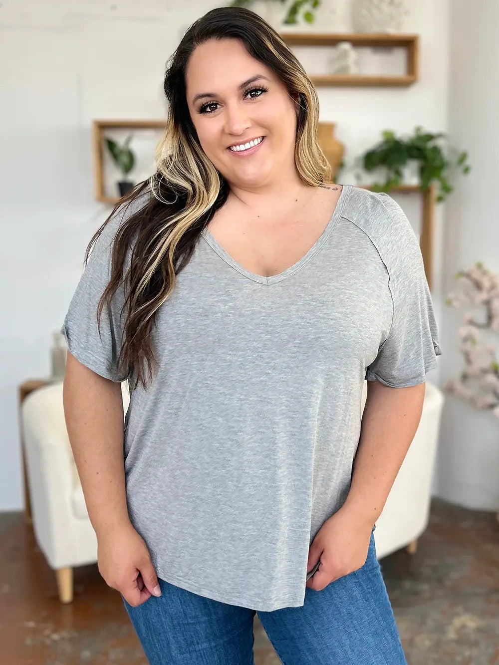 Basic Bae Full Size Bamboo Slit V-Neck Short Sleeve T-Shirt - Southern Shores Clothing
