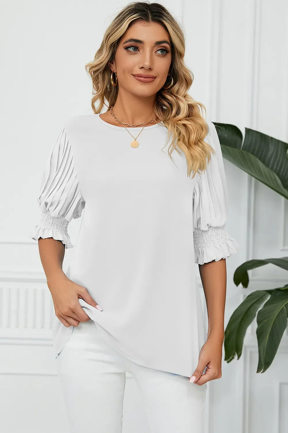 Frill Round Neck Lantern Sleeve T Shirt - Southern Shores Clothing