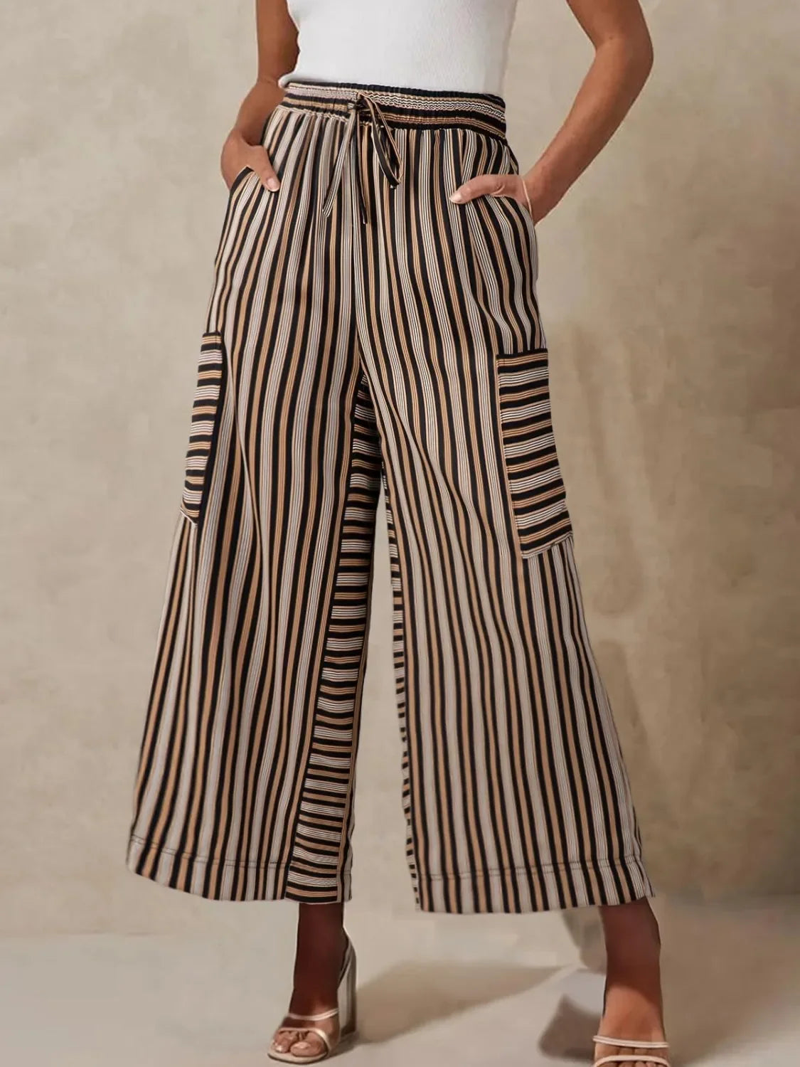 Wide Leg Contrast Striped Pants With Breathable Fabric - Southern Shores Clothing