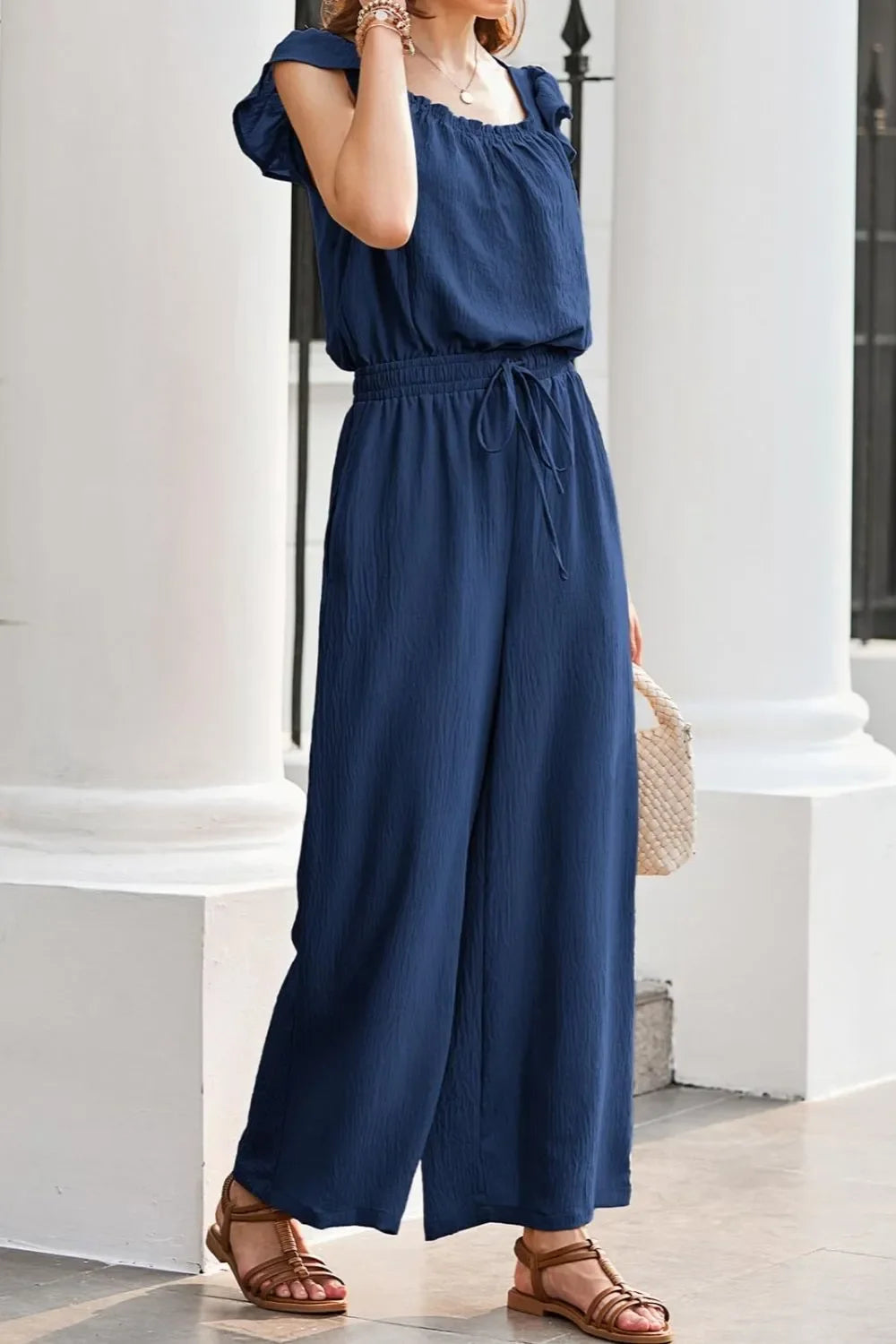 Ruffled Cap Sleeve Wide Leg Jumpsuit With Pockets - Southern Shores Clothing