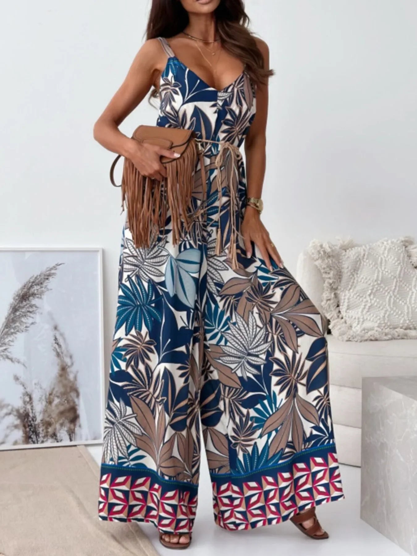 Paisley Print Spaghetti Strap Wide Leg Jumpsuit - Southern Shores Clothing