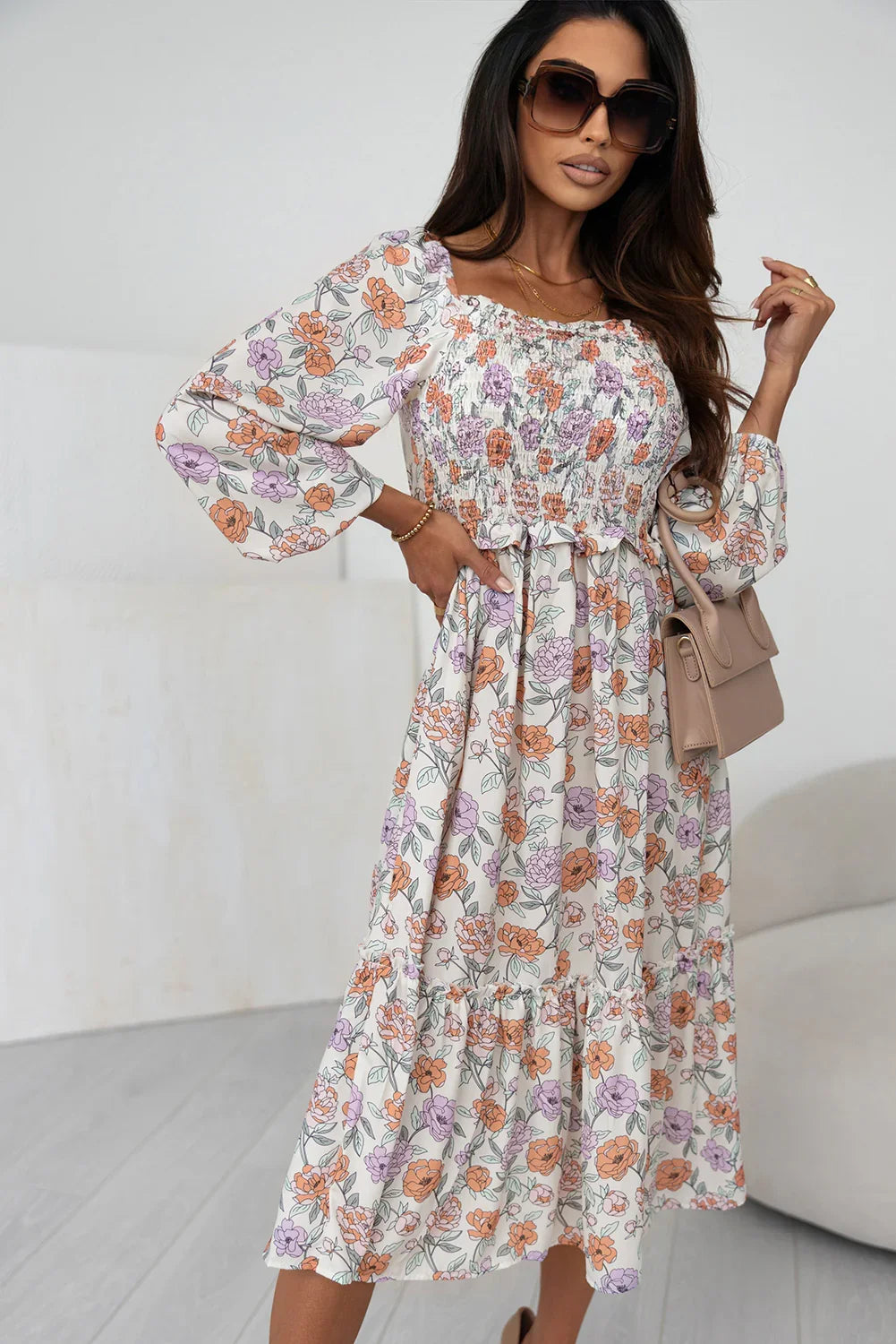 Floral Smocked Square Neck Dress - Southern Shores Clothing