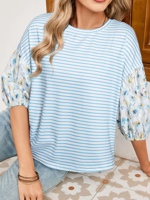 Striped Floral Sleeve Stretch Polyester Blouse Casual Wear - Southern Shores Clothing
