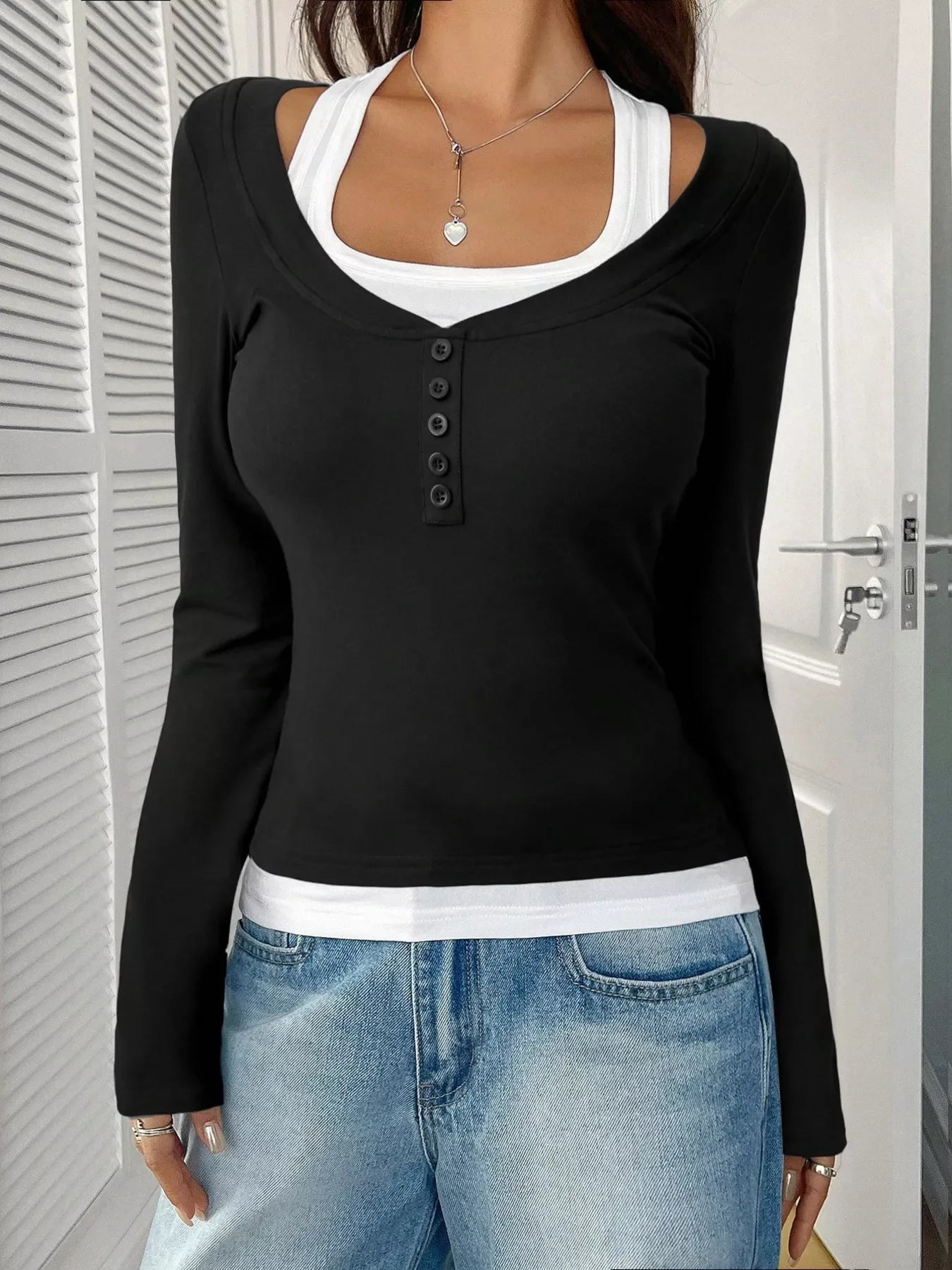 Scoop Neck Long Sleeve Fake Two-Piece T-Shirt - Southern Shores Clothing