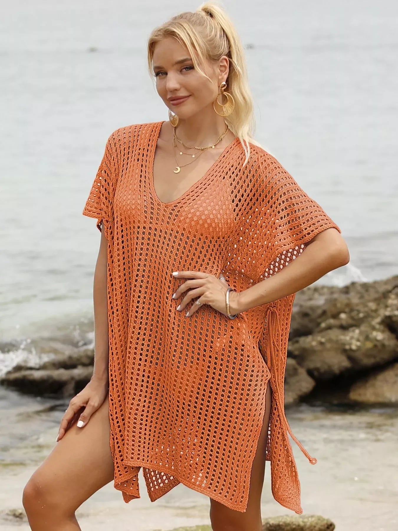 Openwork V-Neck Slit Cover-Up Mesh Knit Lightweight Relaxed Fit - Southern Shores Clothing