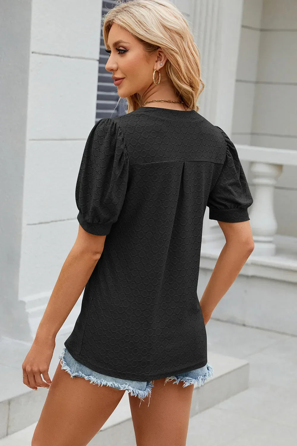 Eyelet Notched Puff Sleeve T-Shirt - Southern Shores Clothing