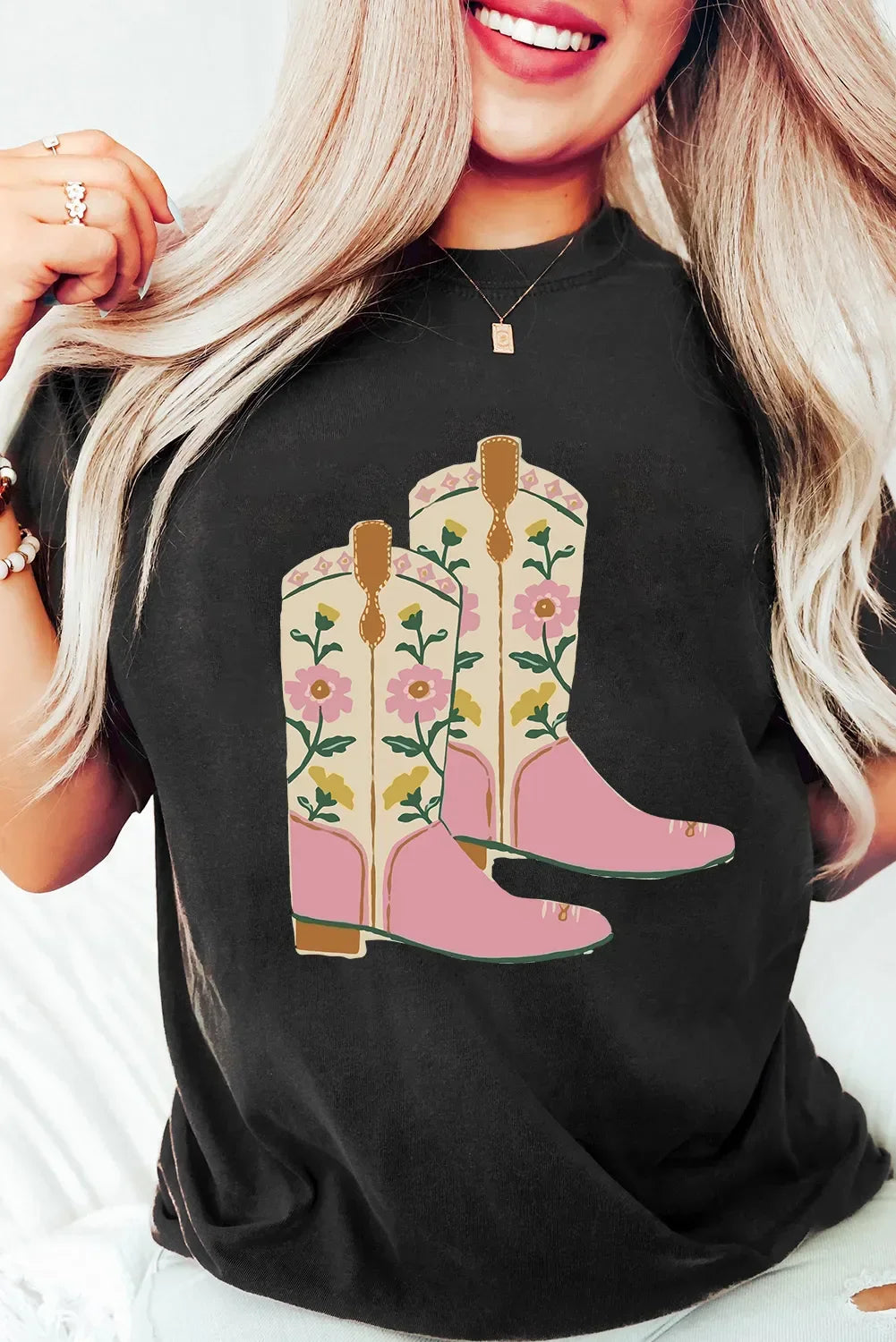 Floral Cowgirl Boots Graphic Tee With Stretchy Fabric - Southern Shores Clothing