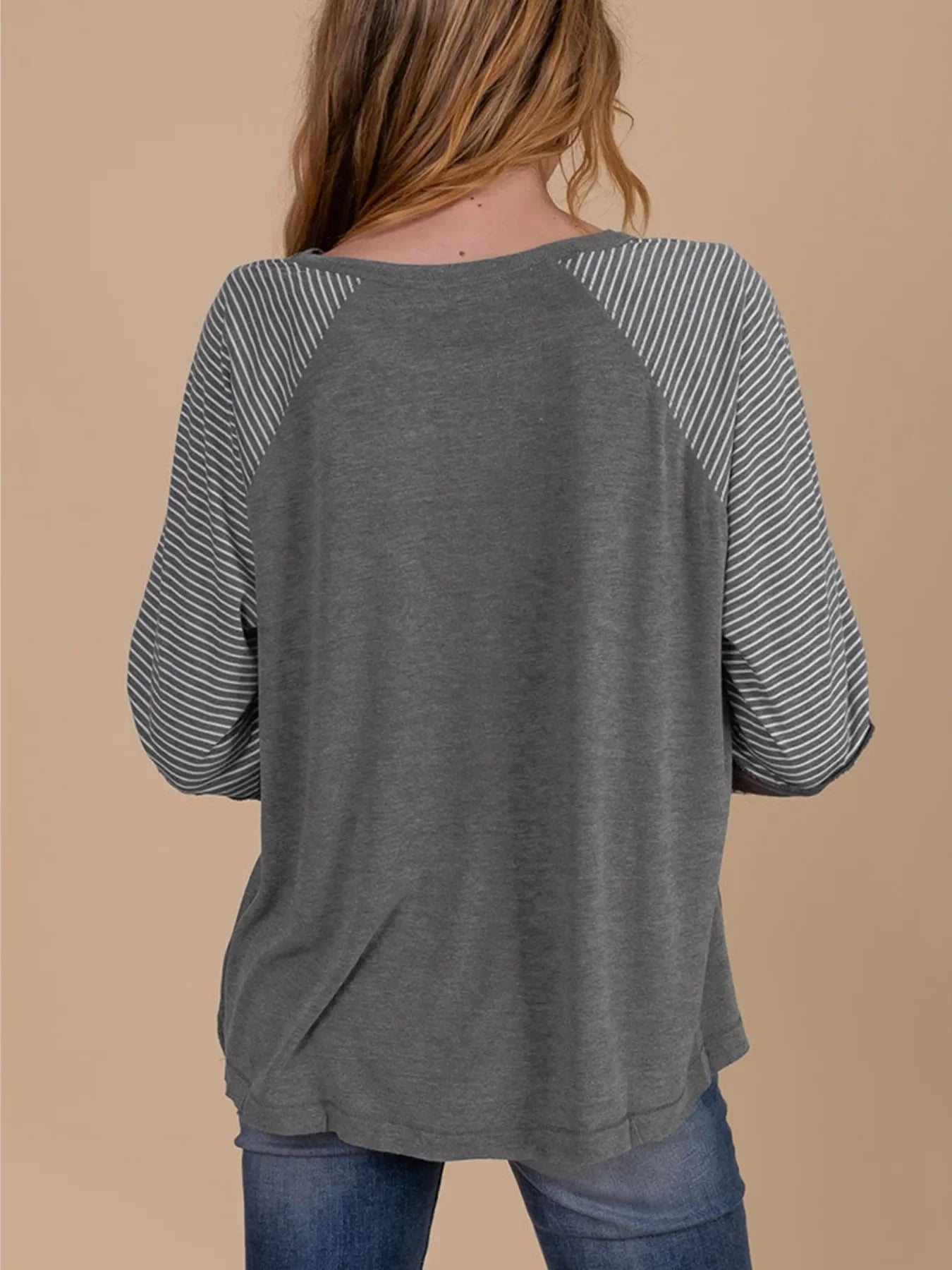 Contrast Print Striped Raglan Long Sleeve Loose Top - Southern Shores Clothing