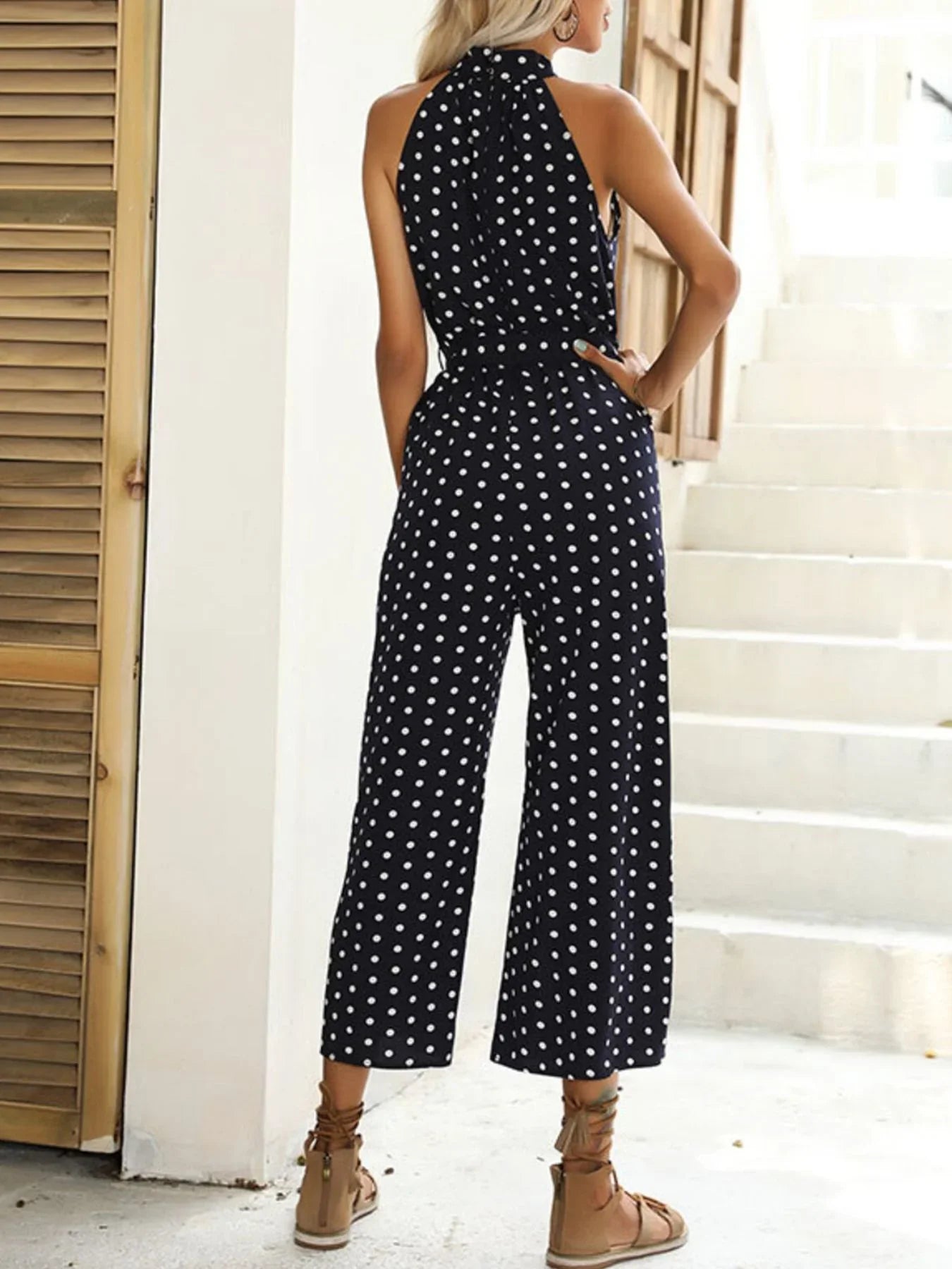 Polka Dot Halter Neck Wide Leg Jumpsuit Style - Southern Shores Clothing