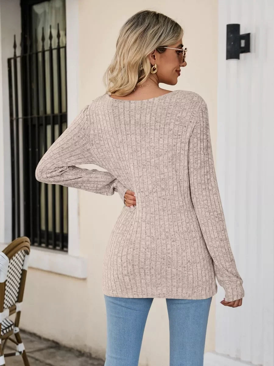 Ribbed Square Neck Long Sleeve Stretch T Shirt - Southern Shores Clothing