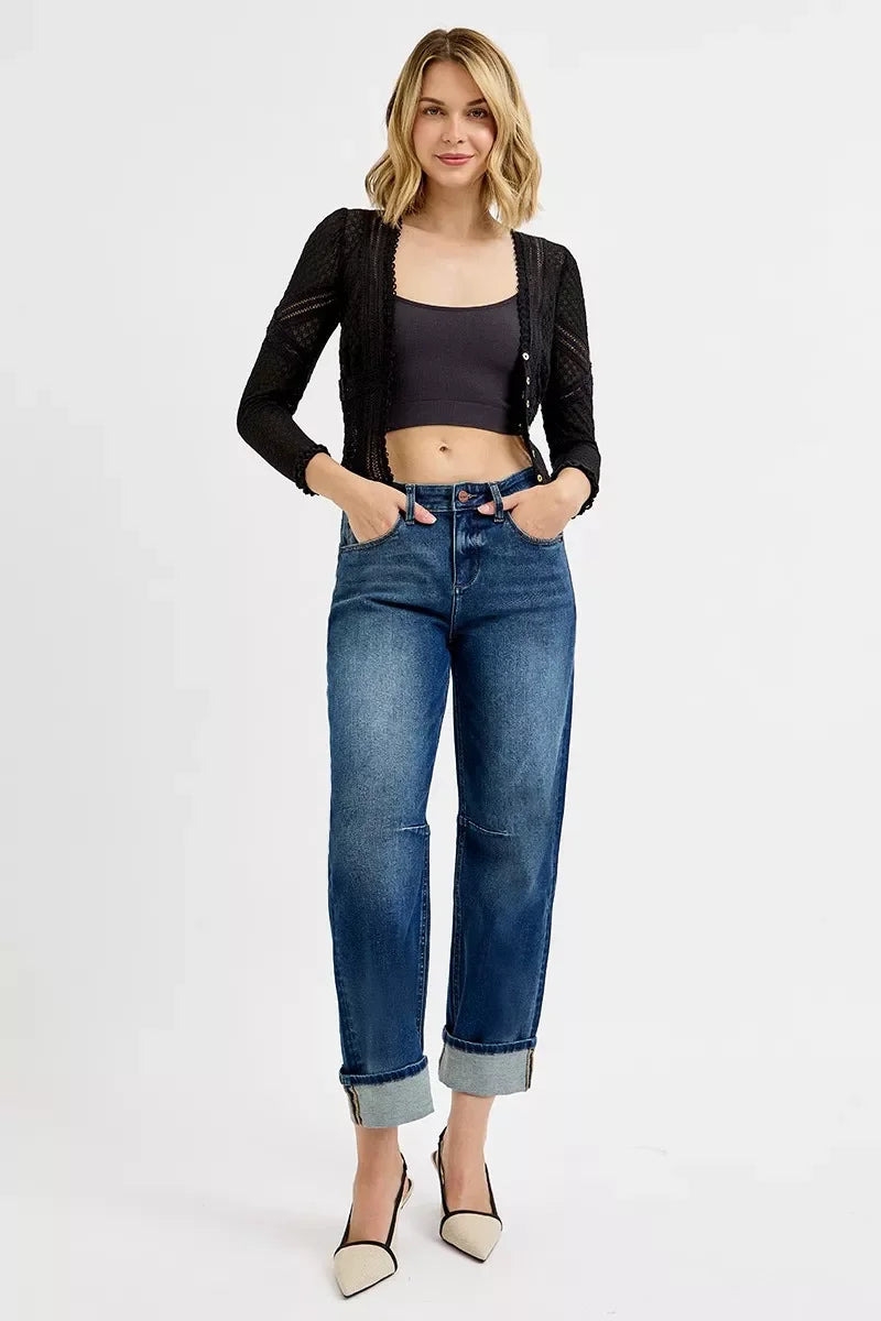Slouchy Crop Barrel Cuffed Stretch Denim Jeans - Southern Shores Clothing
