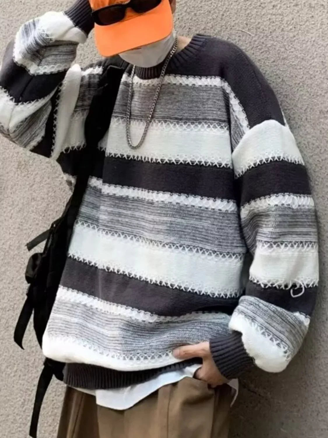 Striped Relaxed Fit Polyester Blend Sweater