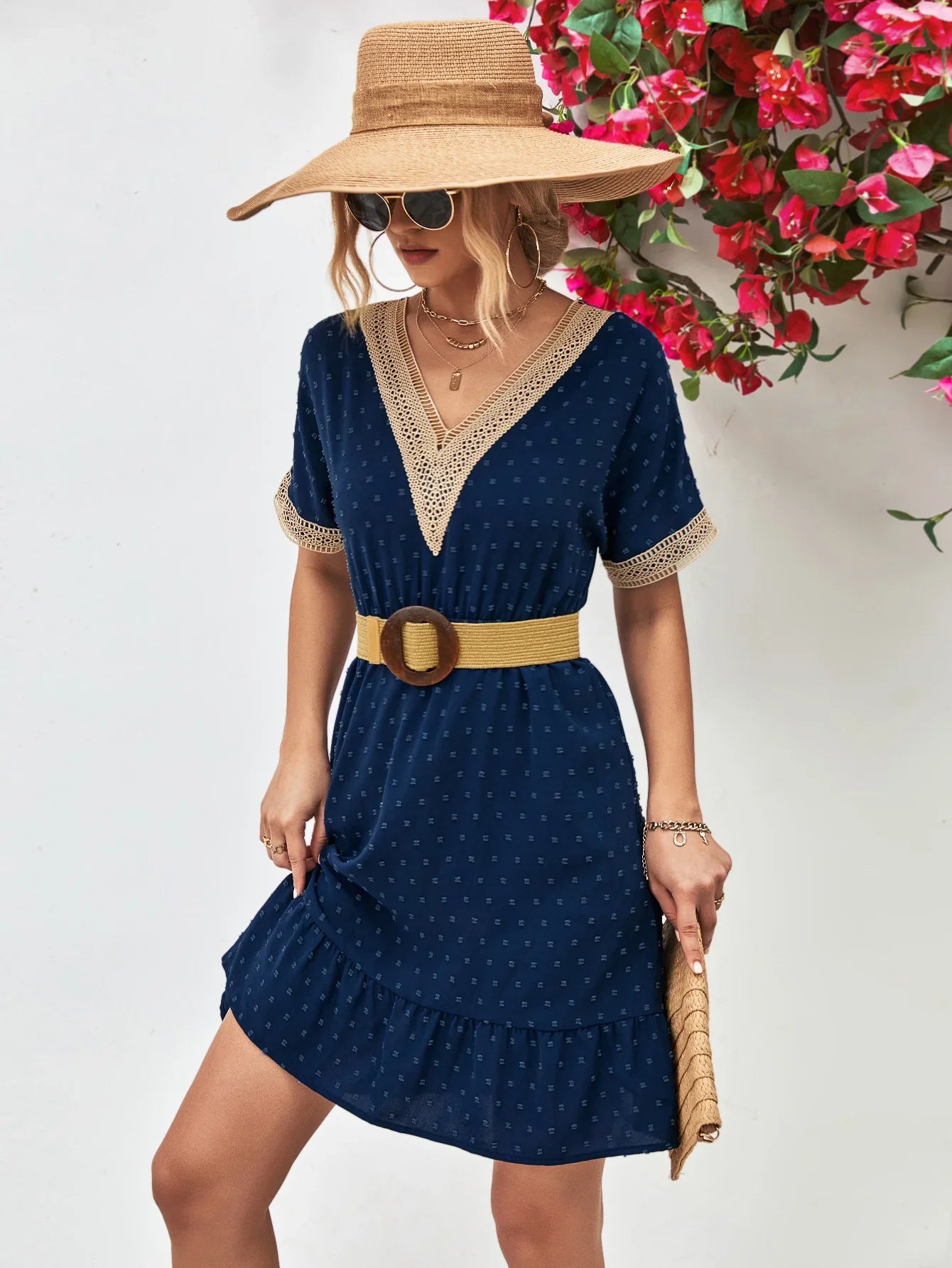 Contrast V-Neck Short Sleeve Mini Dress - Southern Shores Clothing
