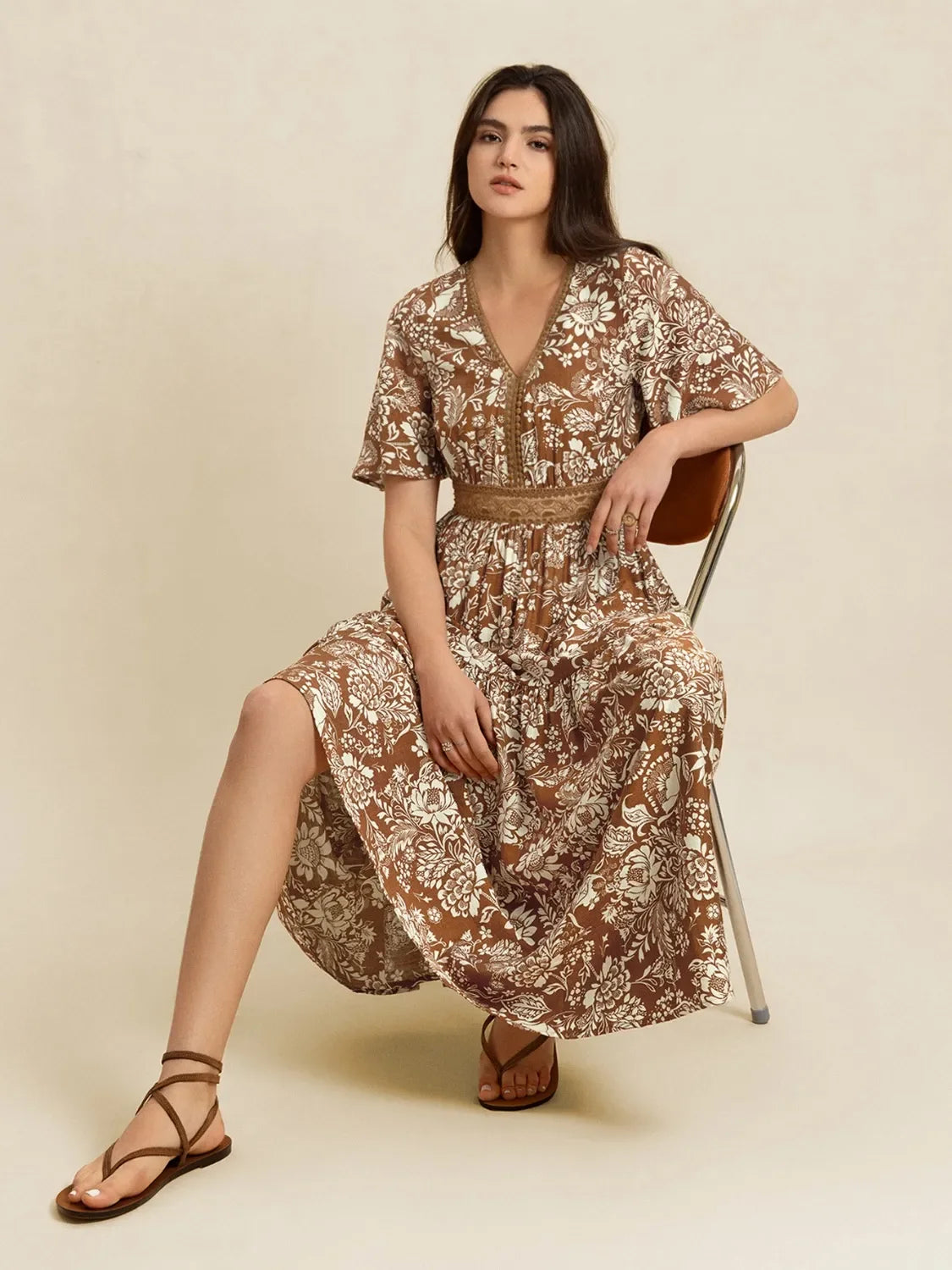 Lace Detail Floral Print Short Sleeve Midi Dress V Neck - Southern Shores Clothing