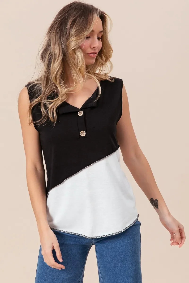 Block Design Buttoned Henley Top With Contrast Stitching - Southern Shores Clothing