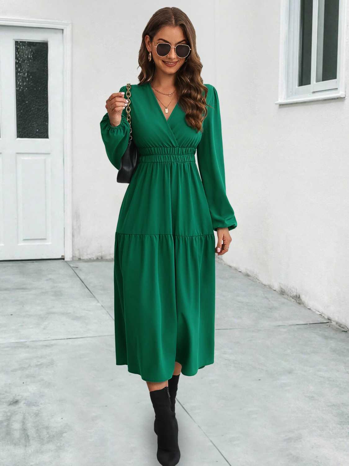 Surplice Neck Long Sleeve Midi Dress Coastal Casual - Southern Shores Clothing
